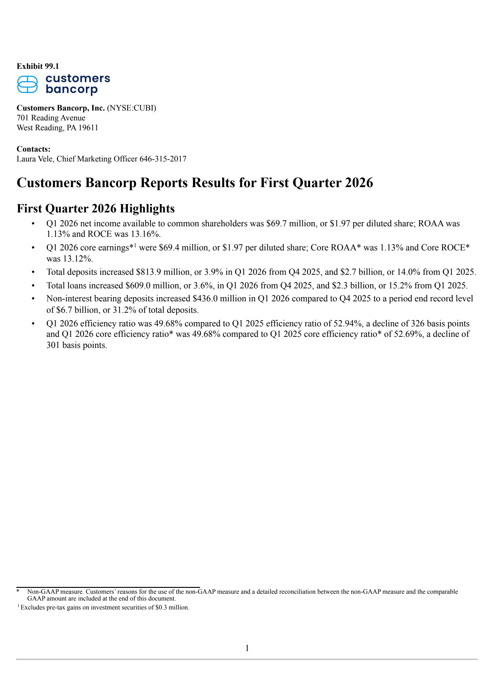 Customers Bancorp's Q1 2026 Press Release