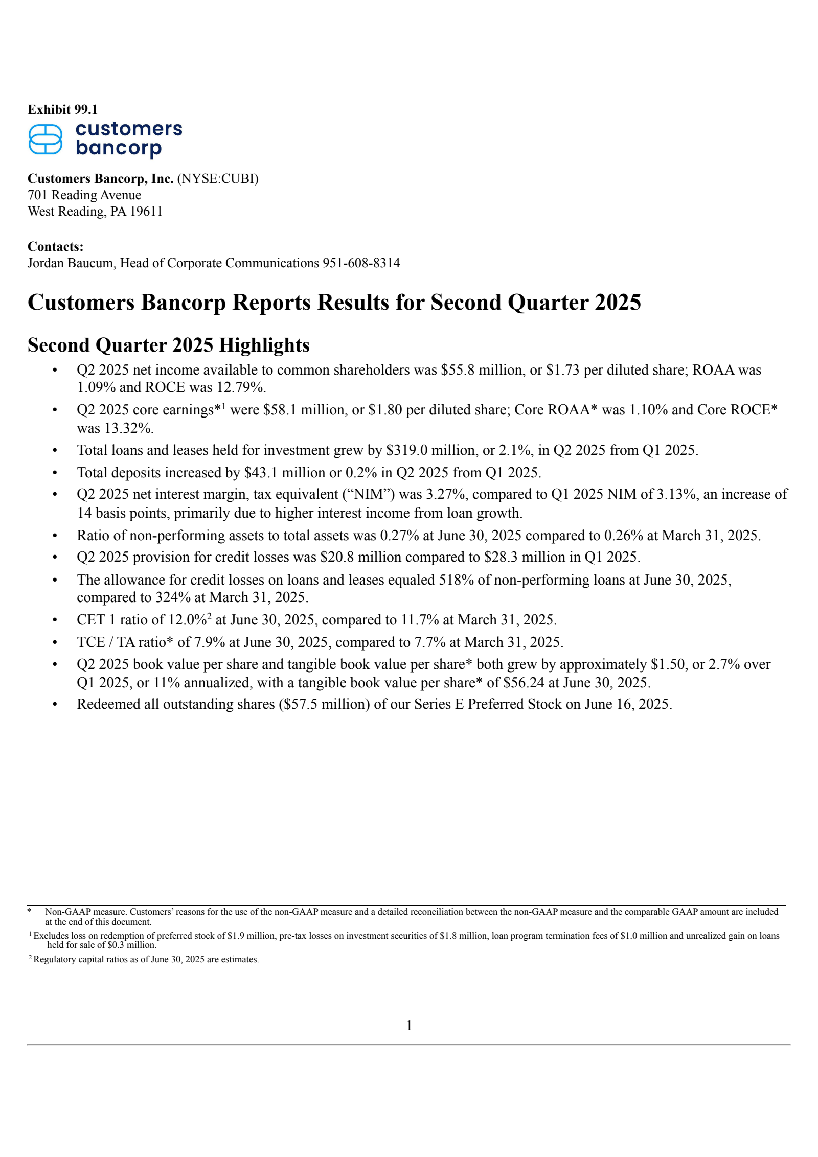 Customers Bancorp's Q2 2025 Press Release