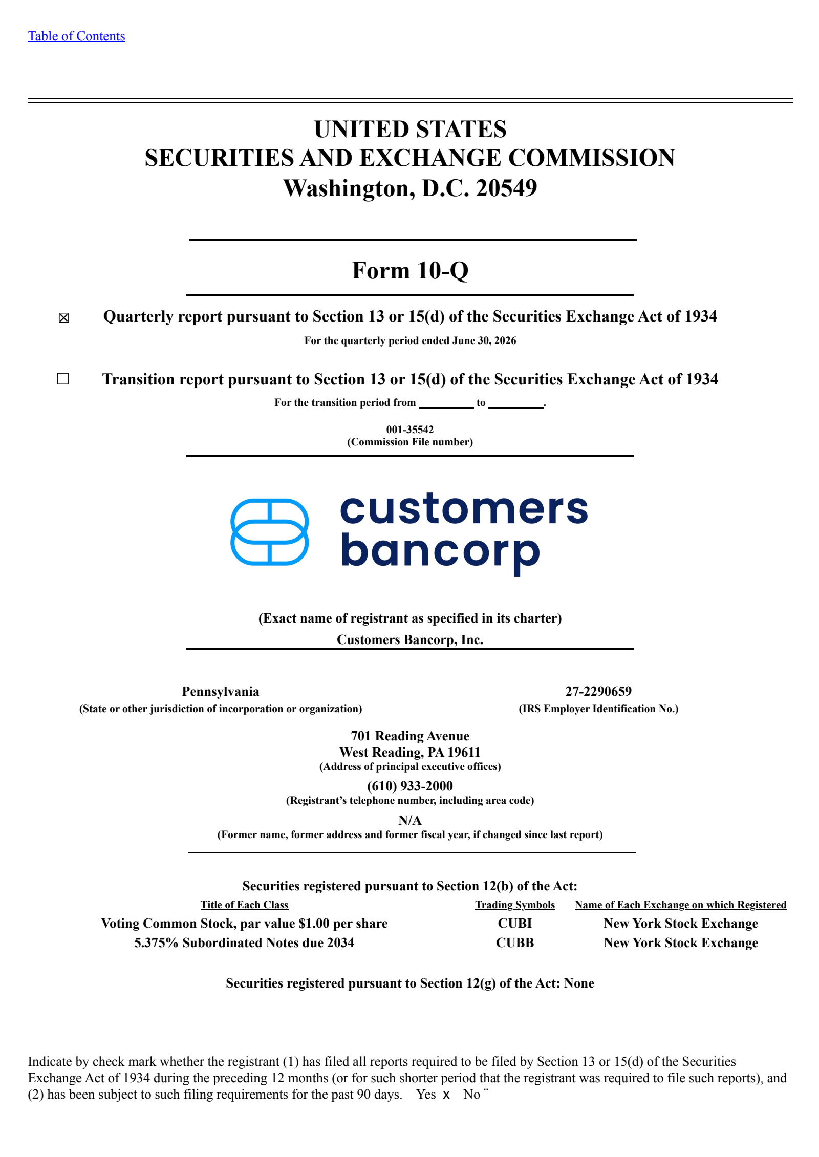 Customers Bancorp's Q2 2026 Quarterly report
