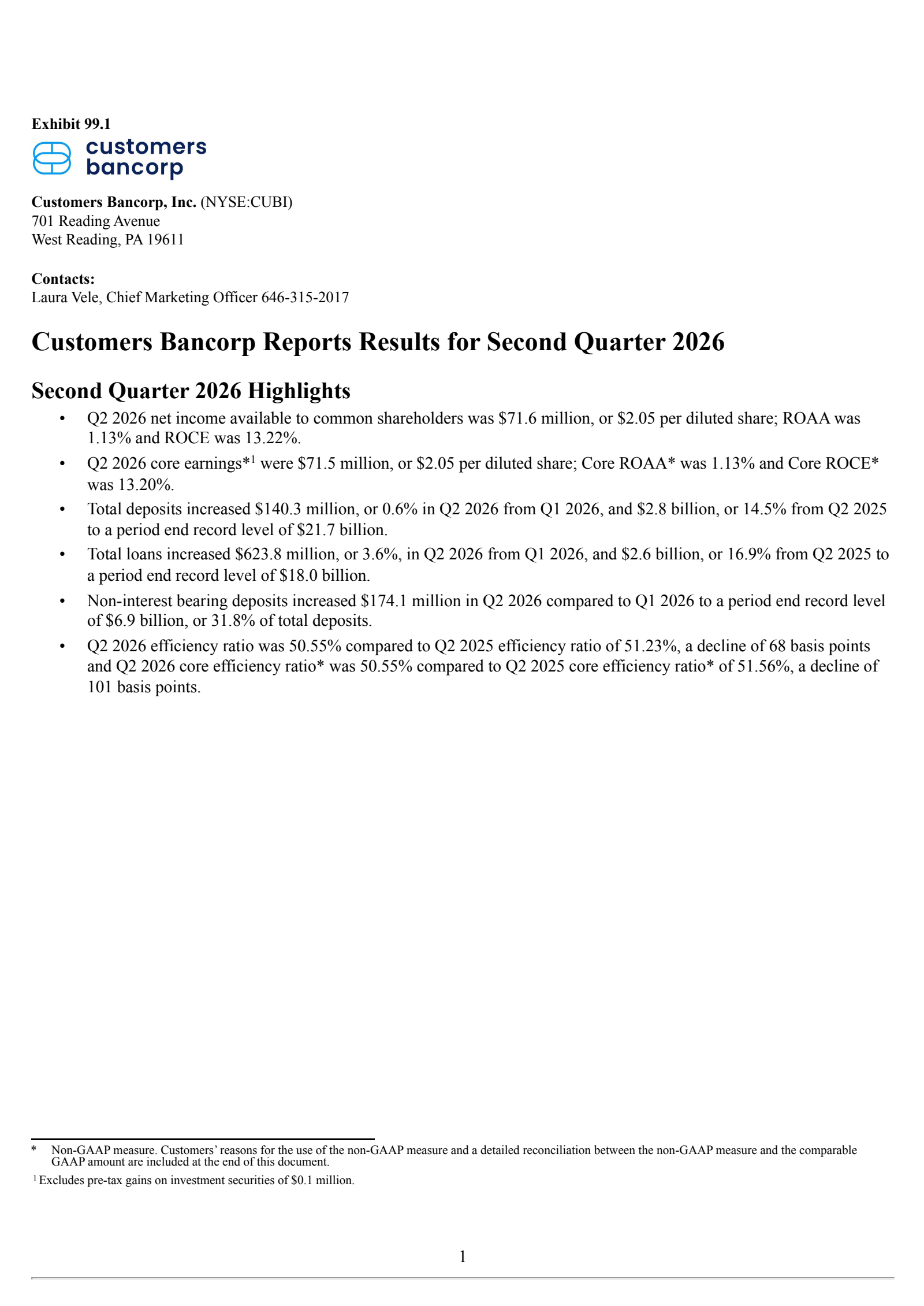 Customers Bancorp's Q2 2026 Press Release