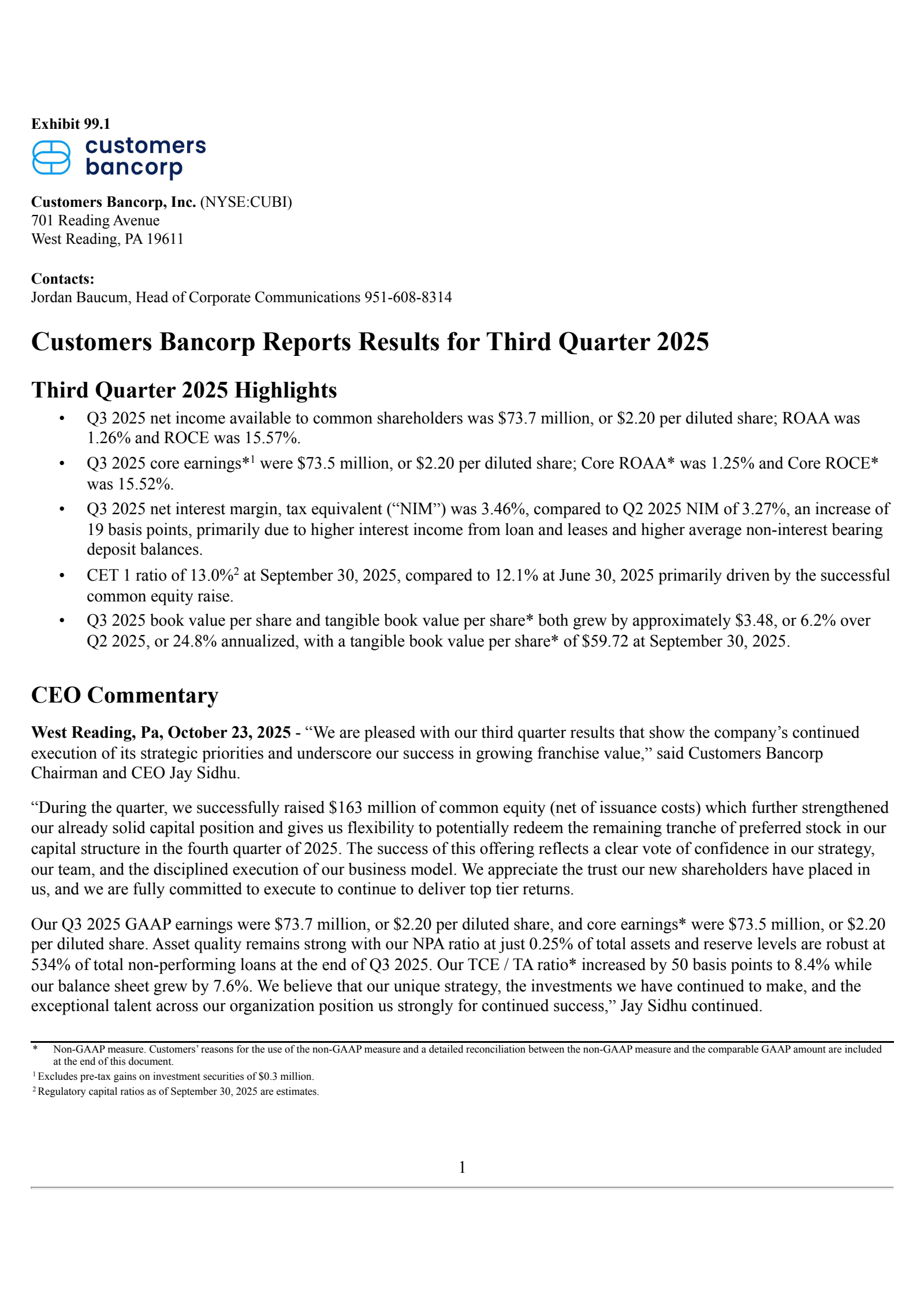 Customers Bancorp's Q3 2025 Earnings Release