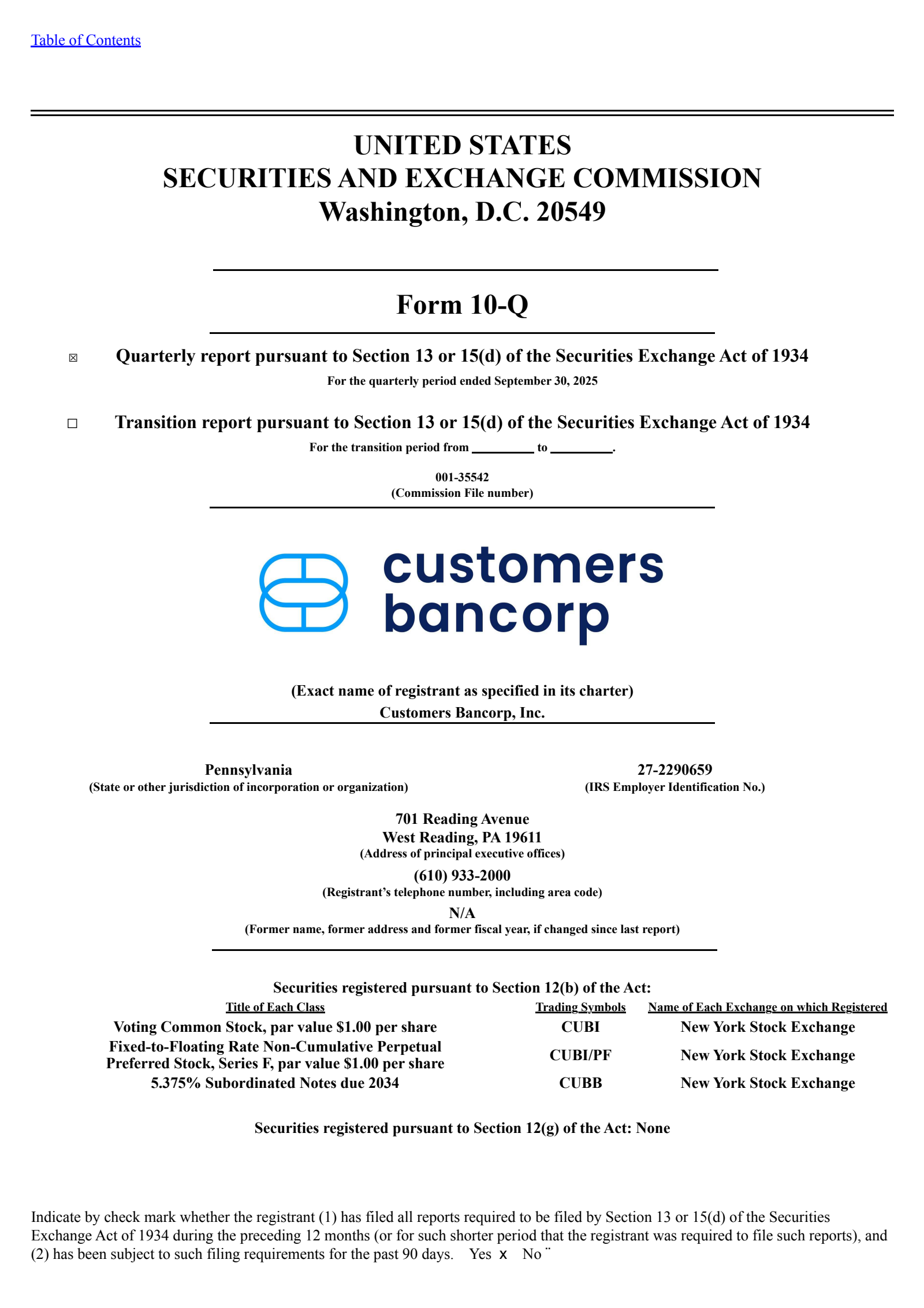 Customers Bancorp's Q3 2025 Quarterly Report