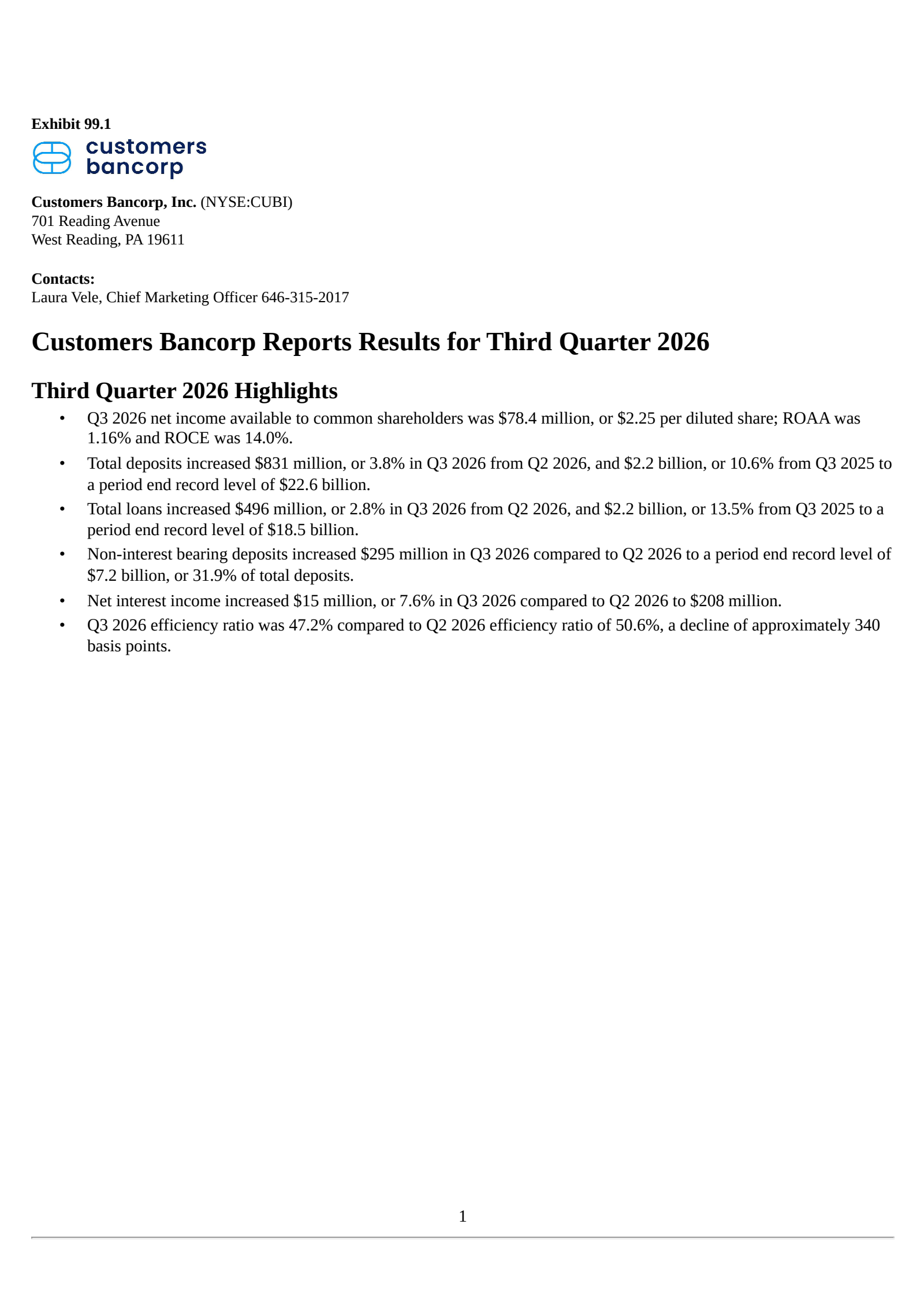 Customers Bancorp's Q3 2026 Press Release