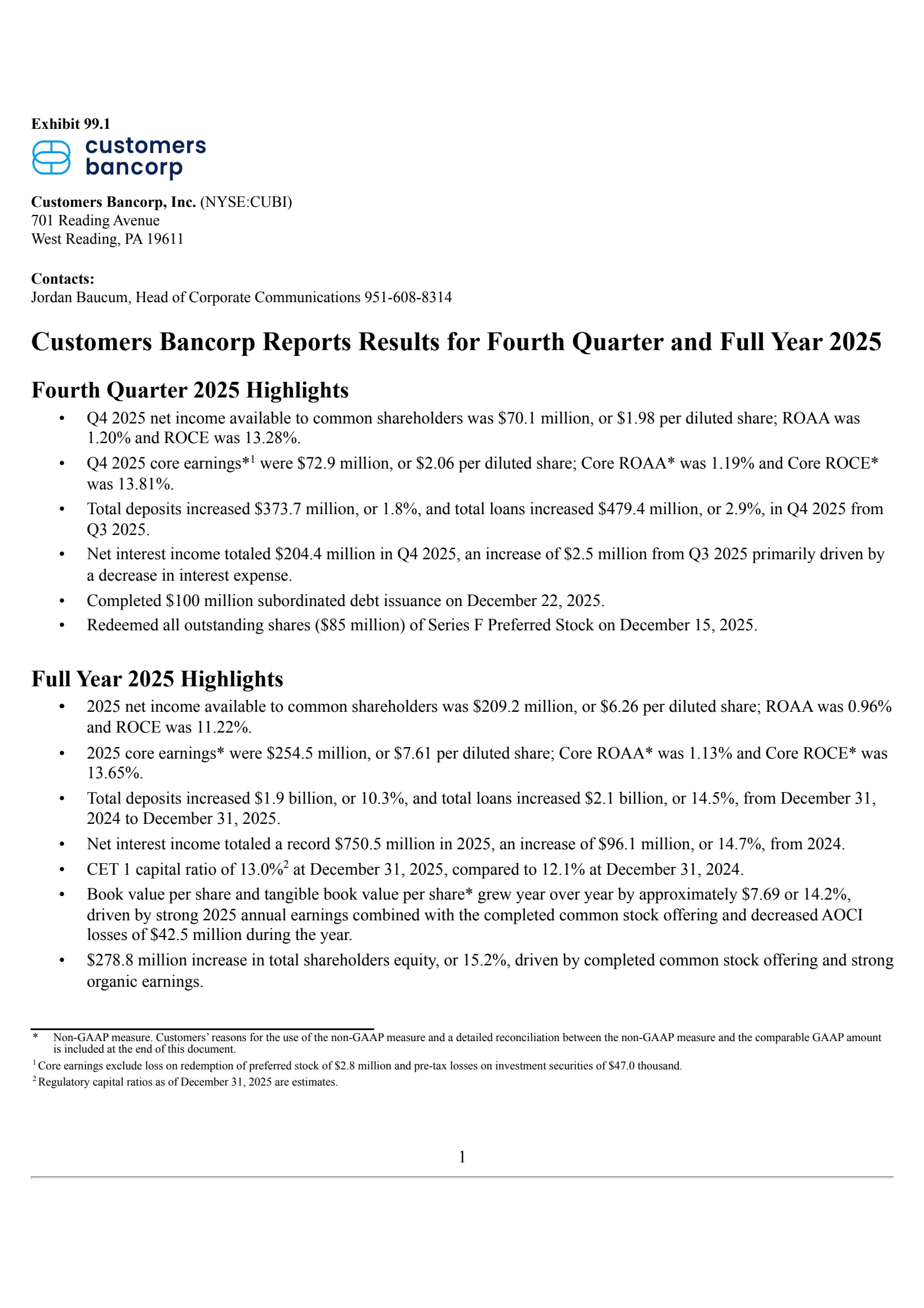 Customers Bancorp's Q4 2025 Press Release