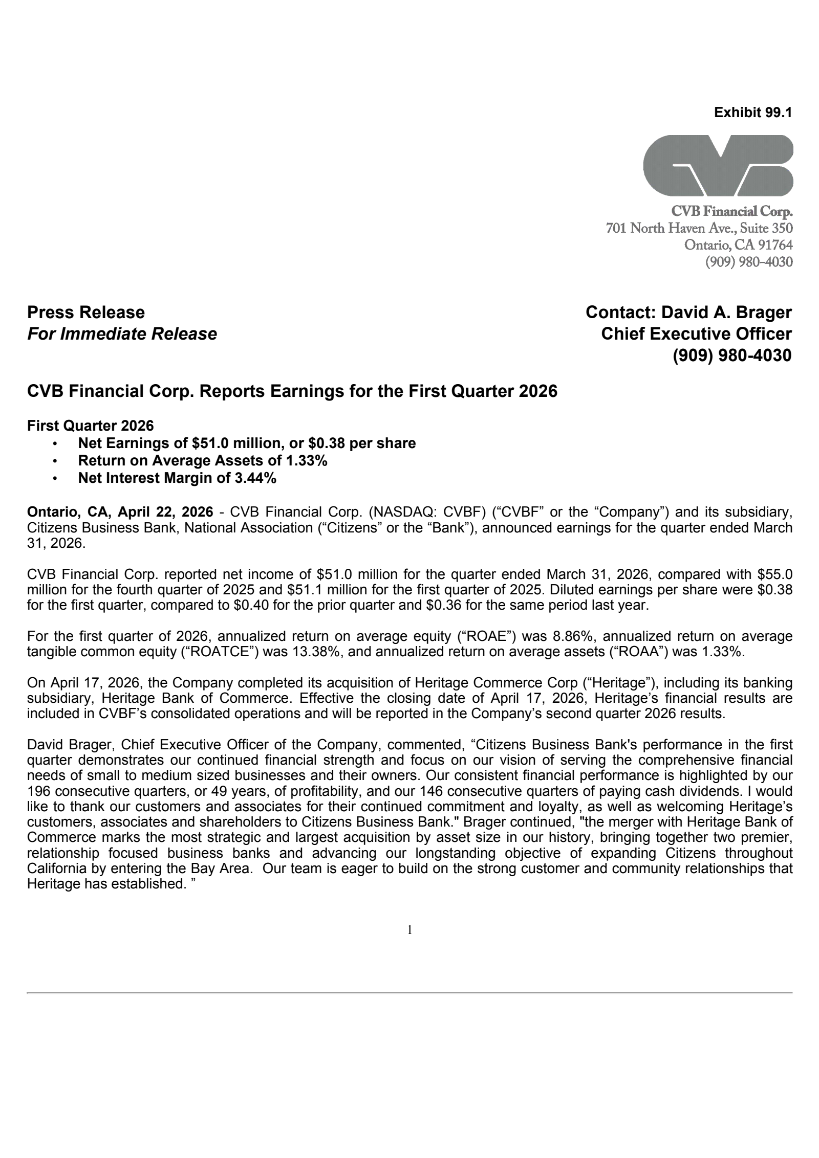 CVB Financial's Q1 2026 Press Release