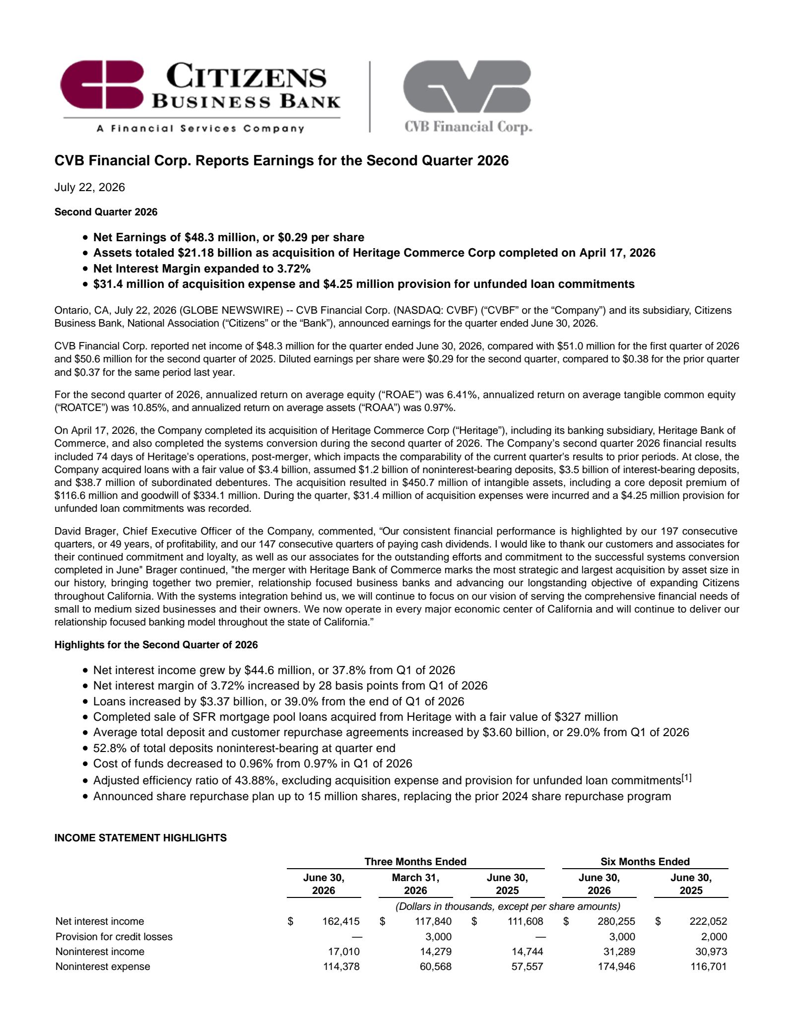 CVB Financial's Q2 2026 Press Release