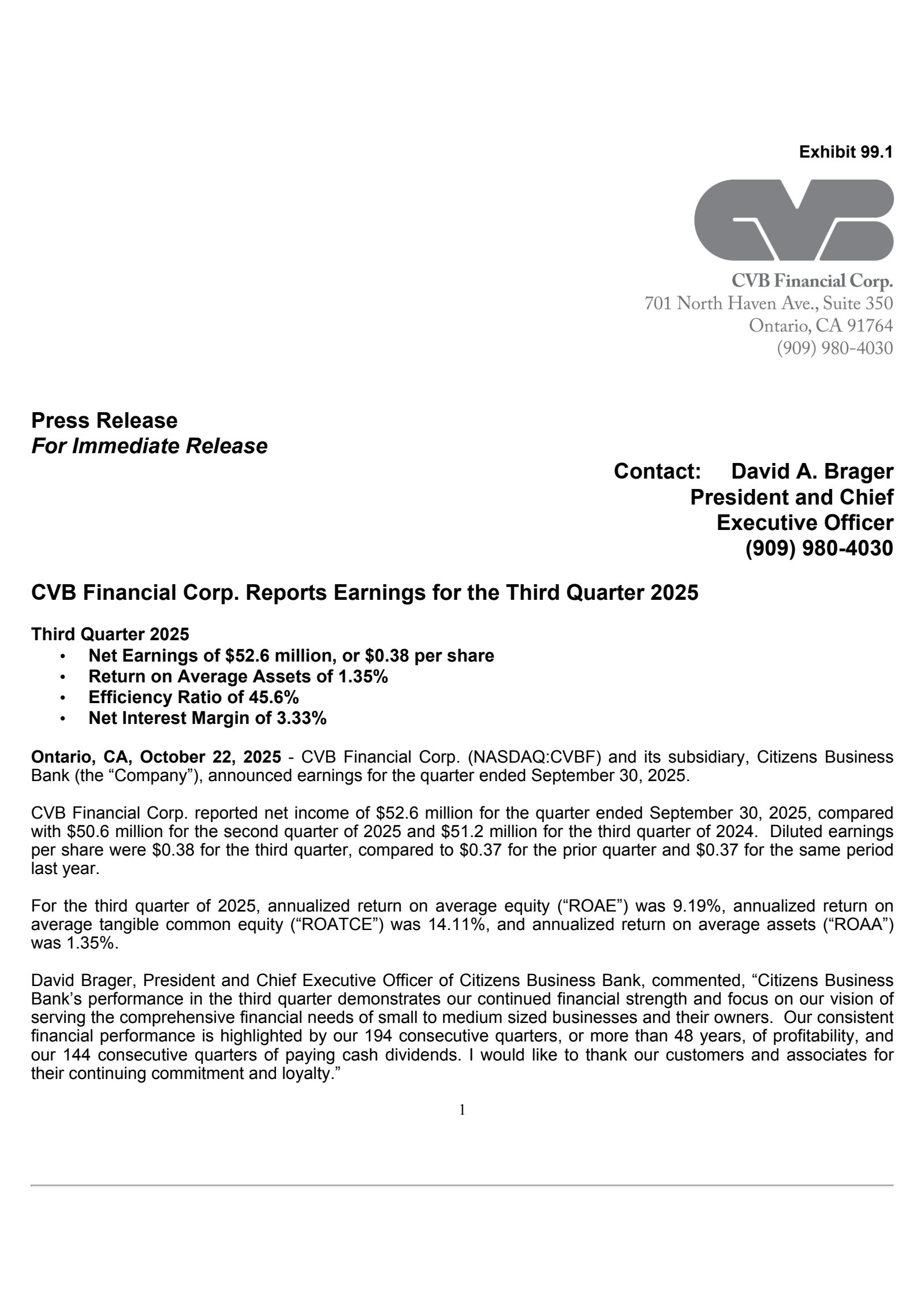 CVB Financial's Q3 2025 Earnings Release
