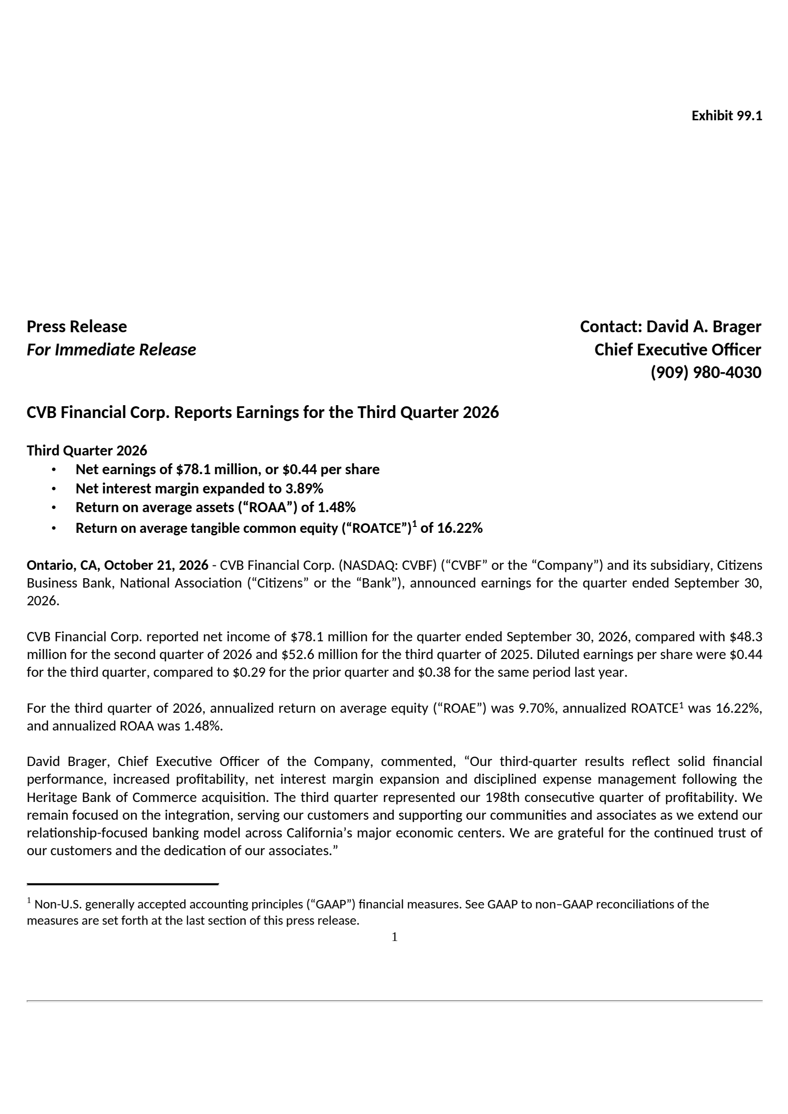 CVB Financial's Q3 2026 Press Release