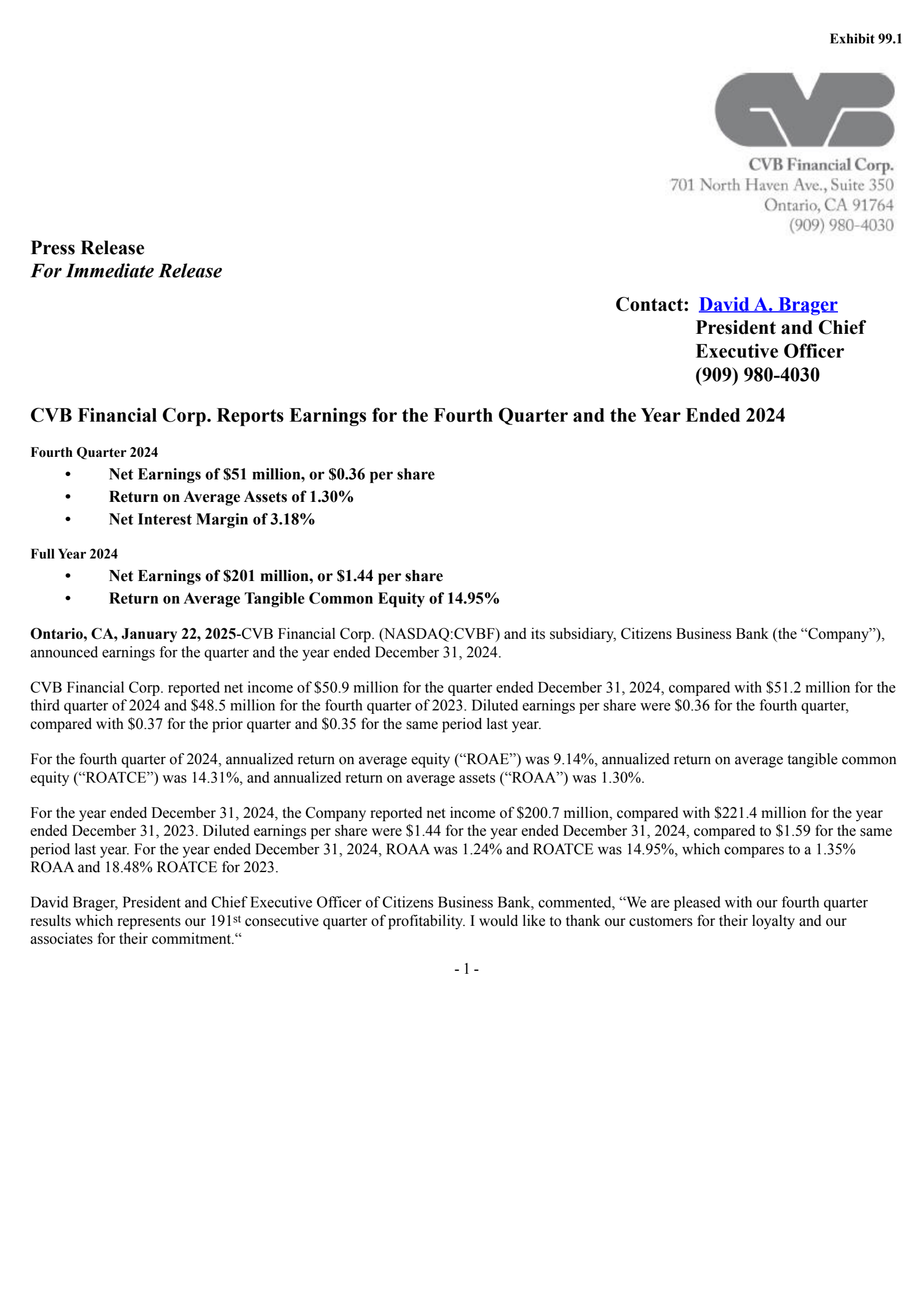 CVB Financial's Q4 2024 Press Release
