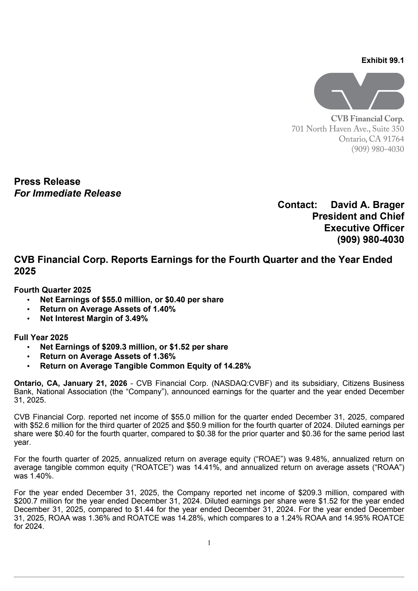 CVB Financial's Q4 2025 Press Release