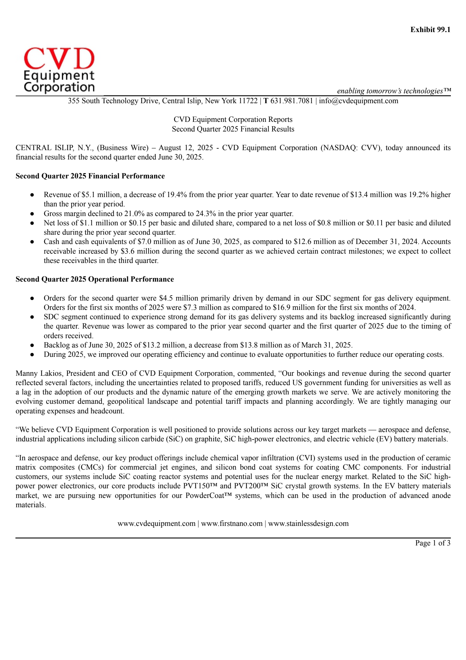 CVD Equipment's Q2 2025 Press Release