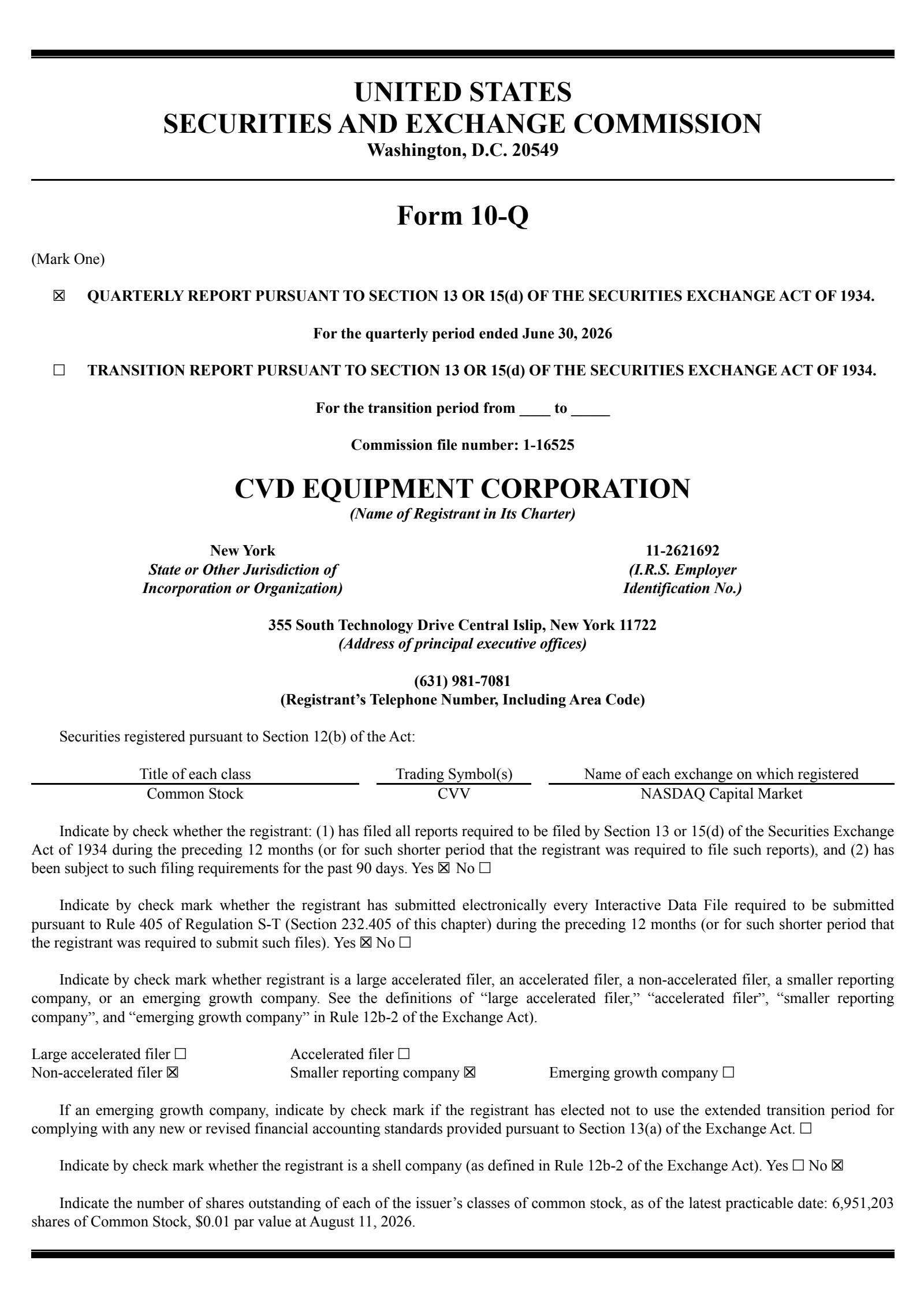 CVD Equipment's Q2 2026 Quarterly report