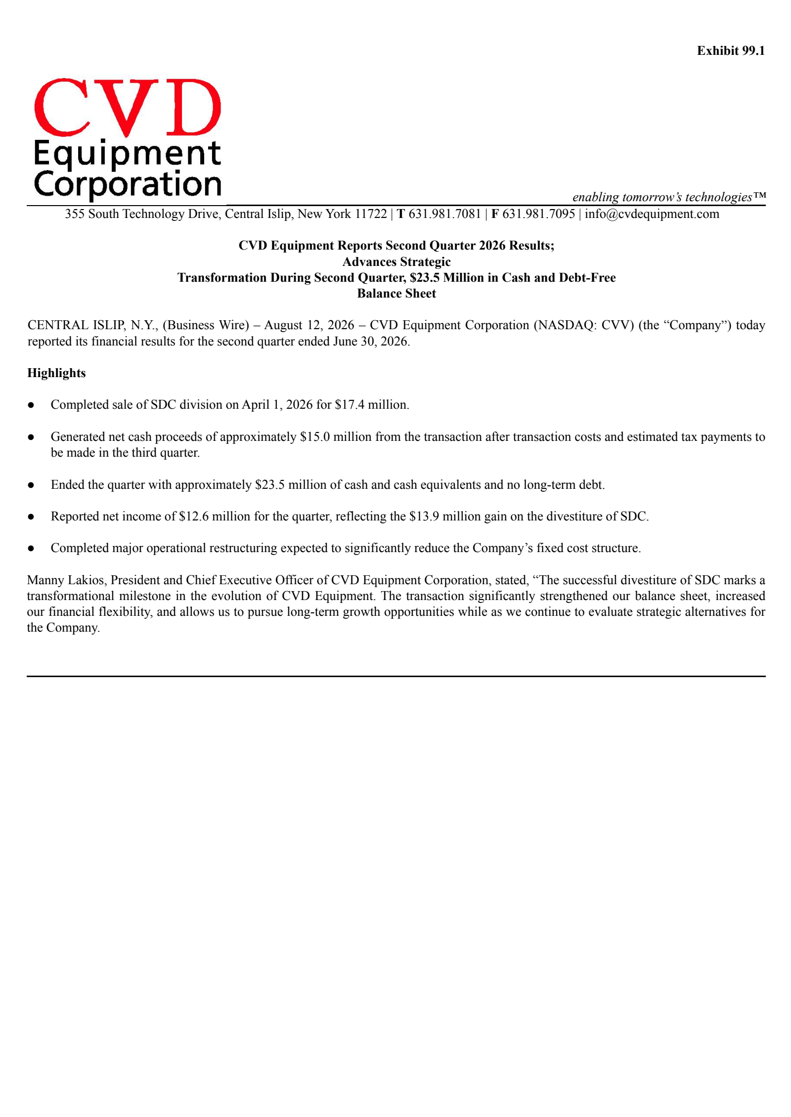CVD Equipment's Q2 2026 Press Release