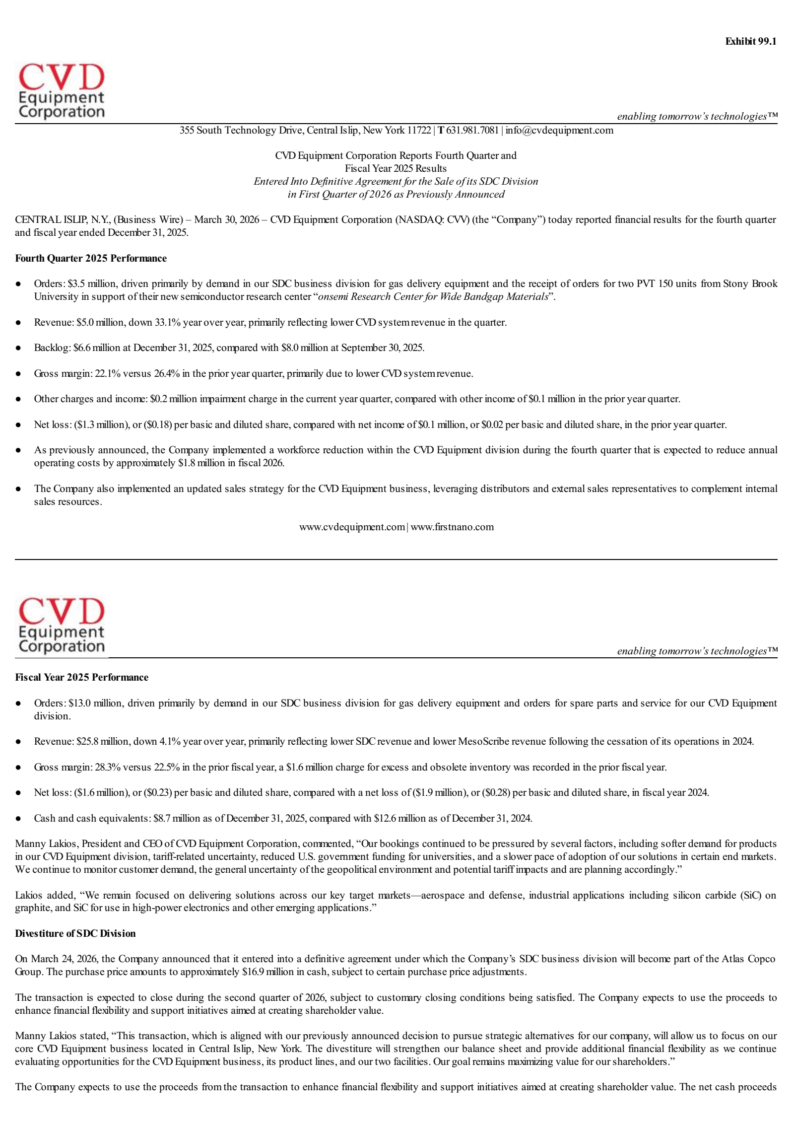 CVD Equipment's Q4 2025 Press Release
