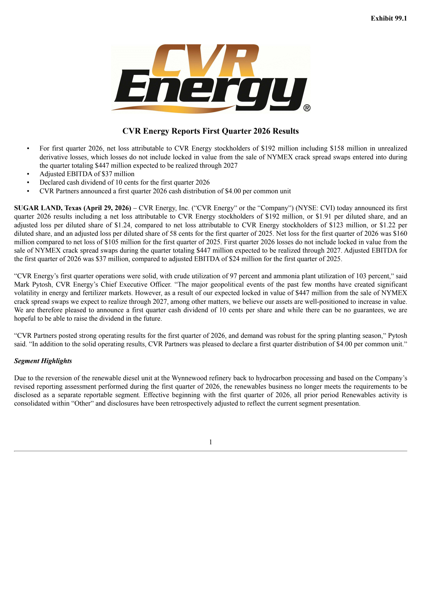 CVR Energy's Q1 2026 Press Release