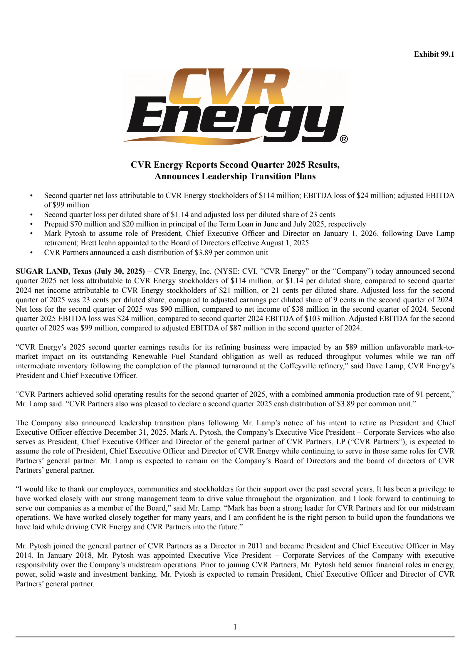 CVR Energy's Q2 2025 Press Release