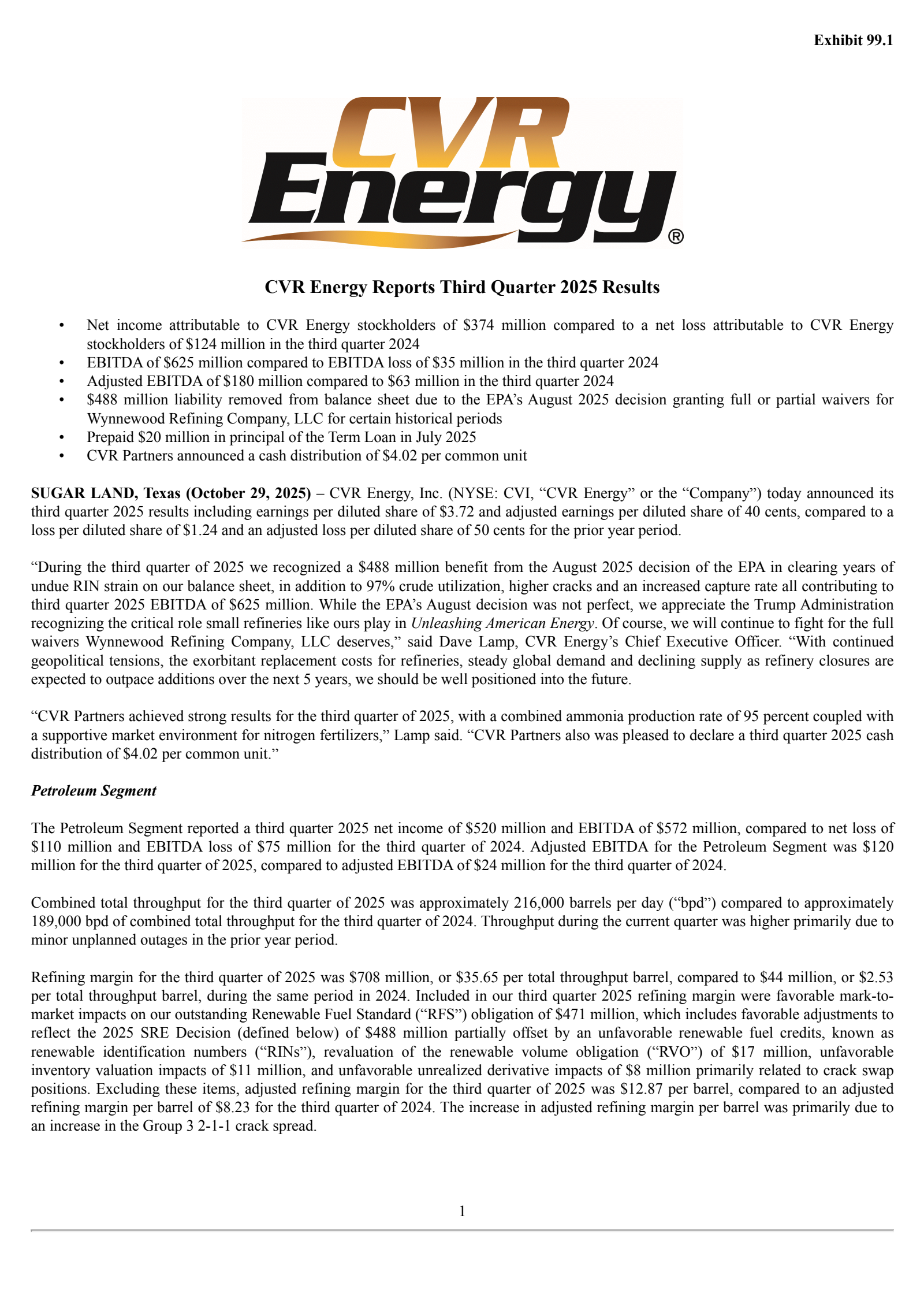 CVR Energy's Q3 2025 Earnings Release
