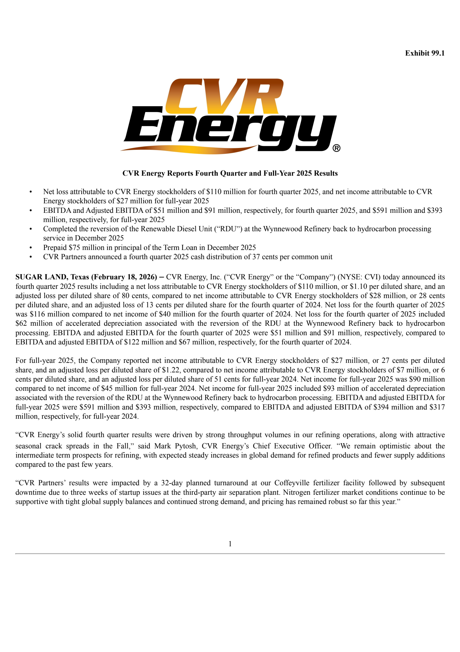 CVR Energy's Q4 2025 Press Release