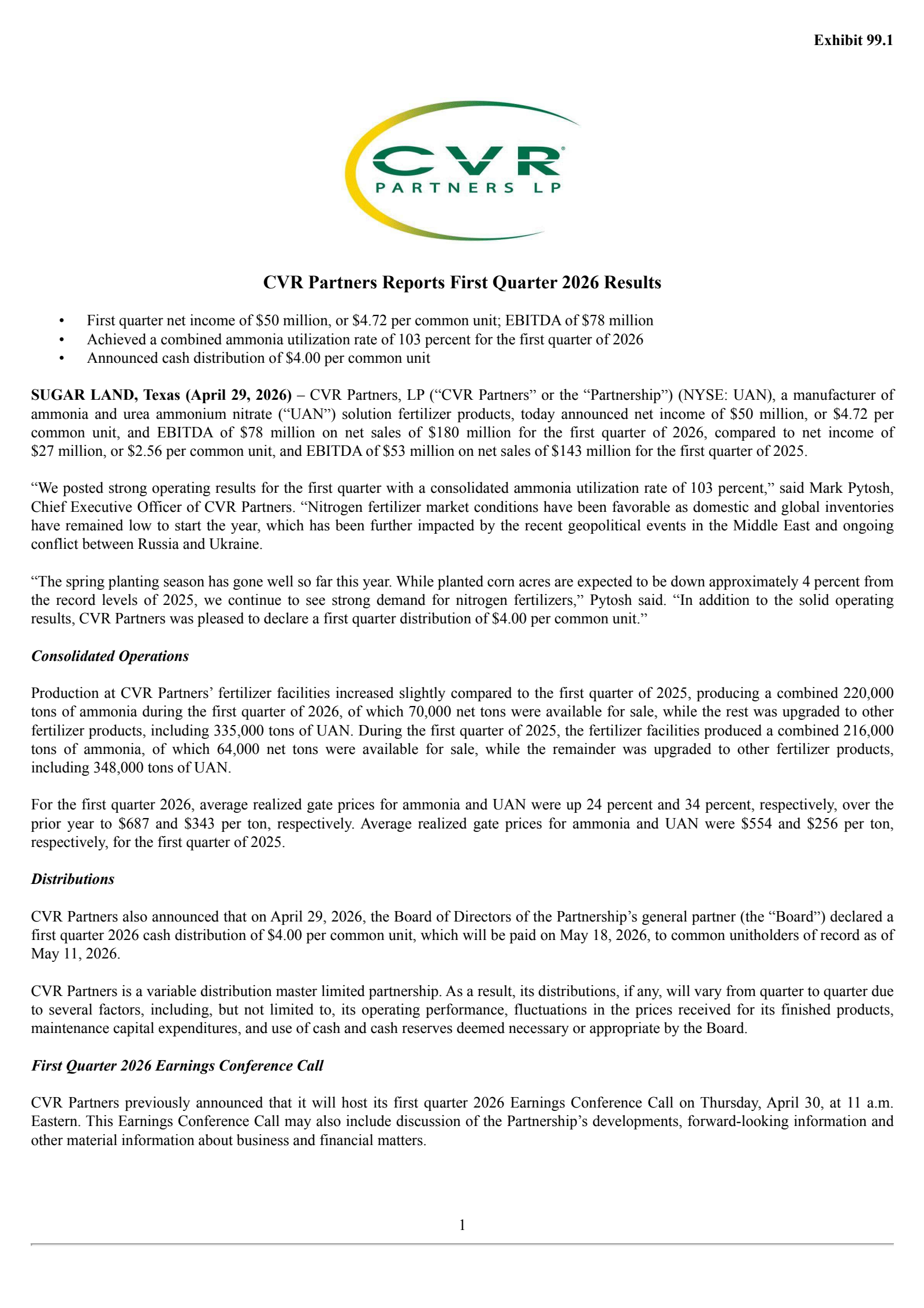 CVR Partners' Q1 2026 Press Release