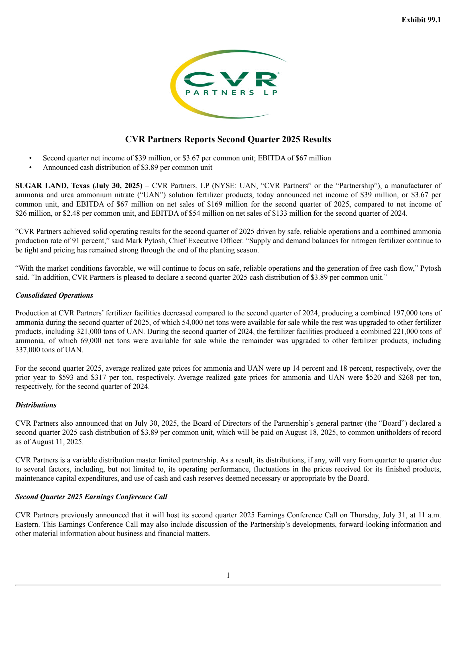 CVR Partners' Q2 2025 Press Release