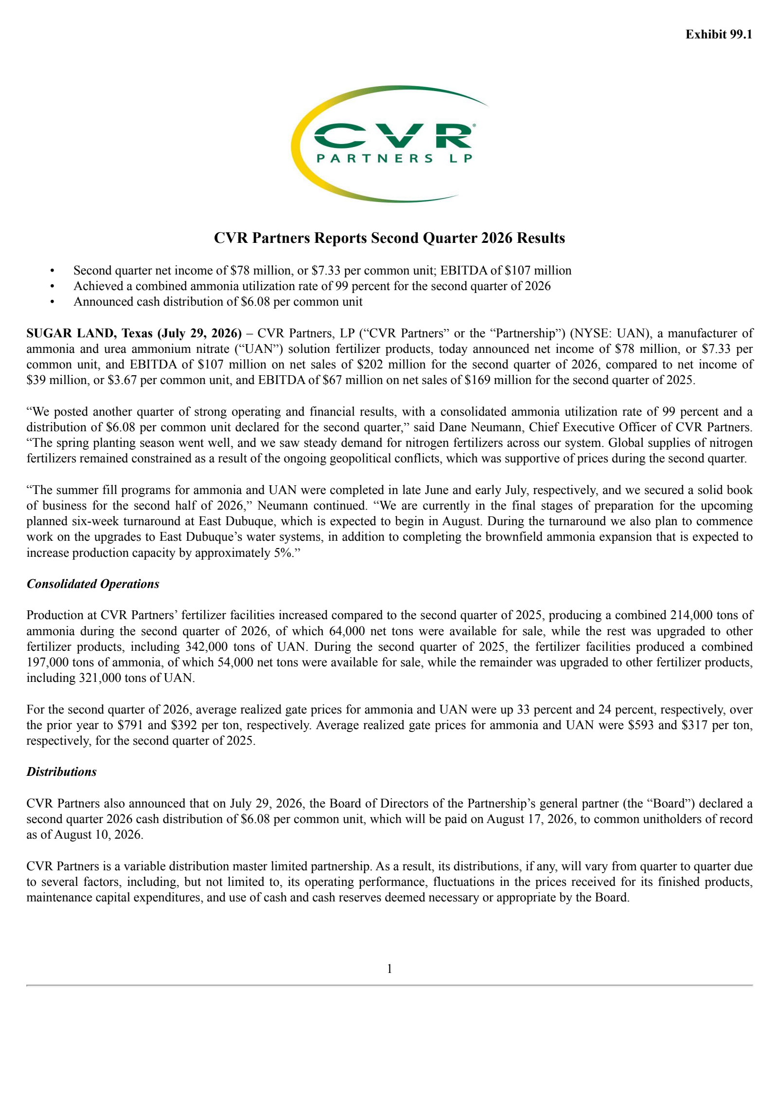 CVR Partners' Q2 2026 Press Release