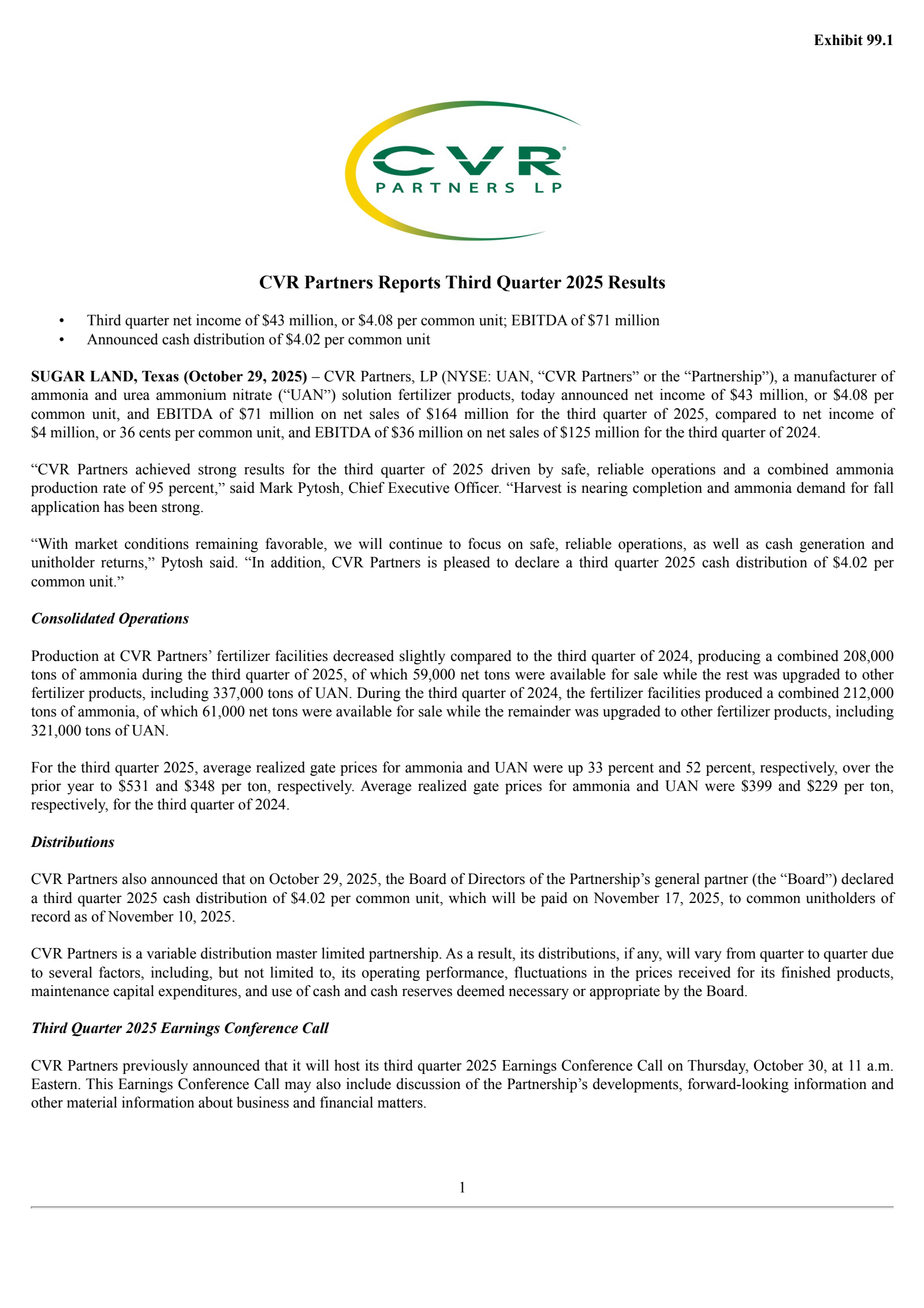 CVR Partners' Q3 2025 Earnings Release
