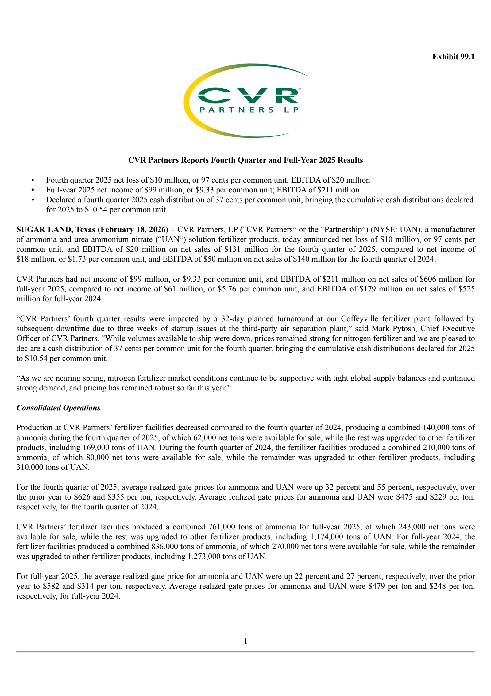 CVR Partners' Q4 2025 Press Release