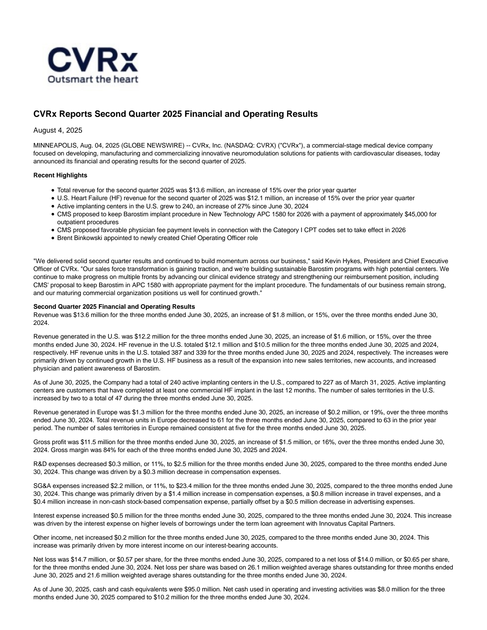 CVRx's Q2 2025 Press Release
