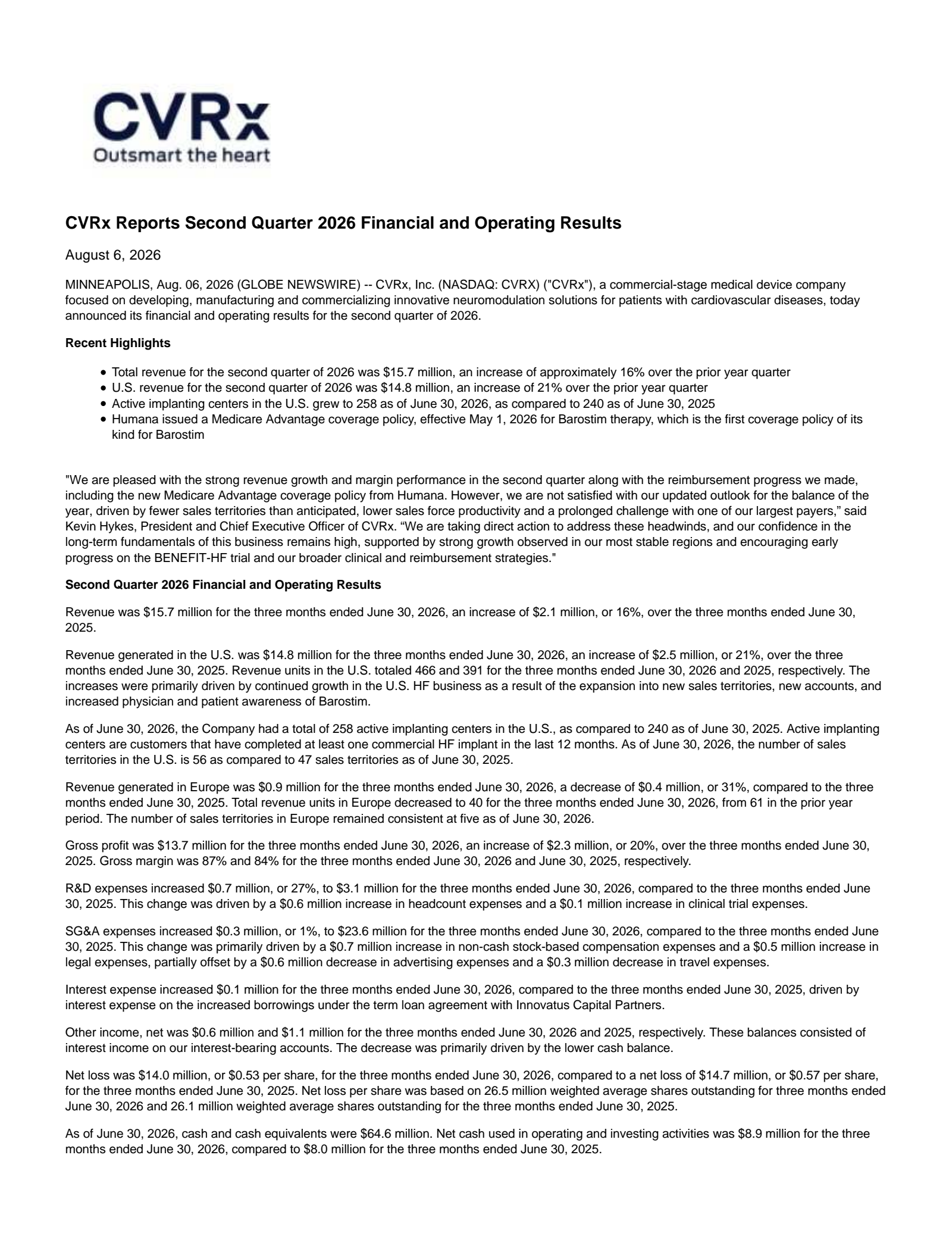 CVRx's Q2 2026 Press Release