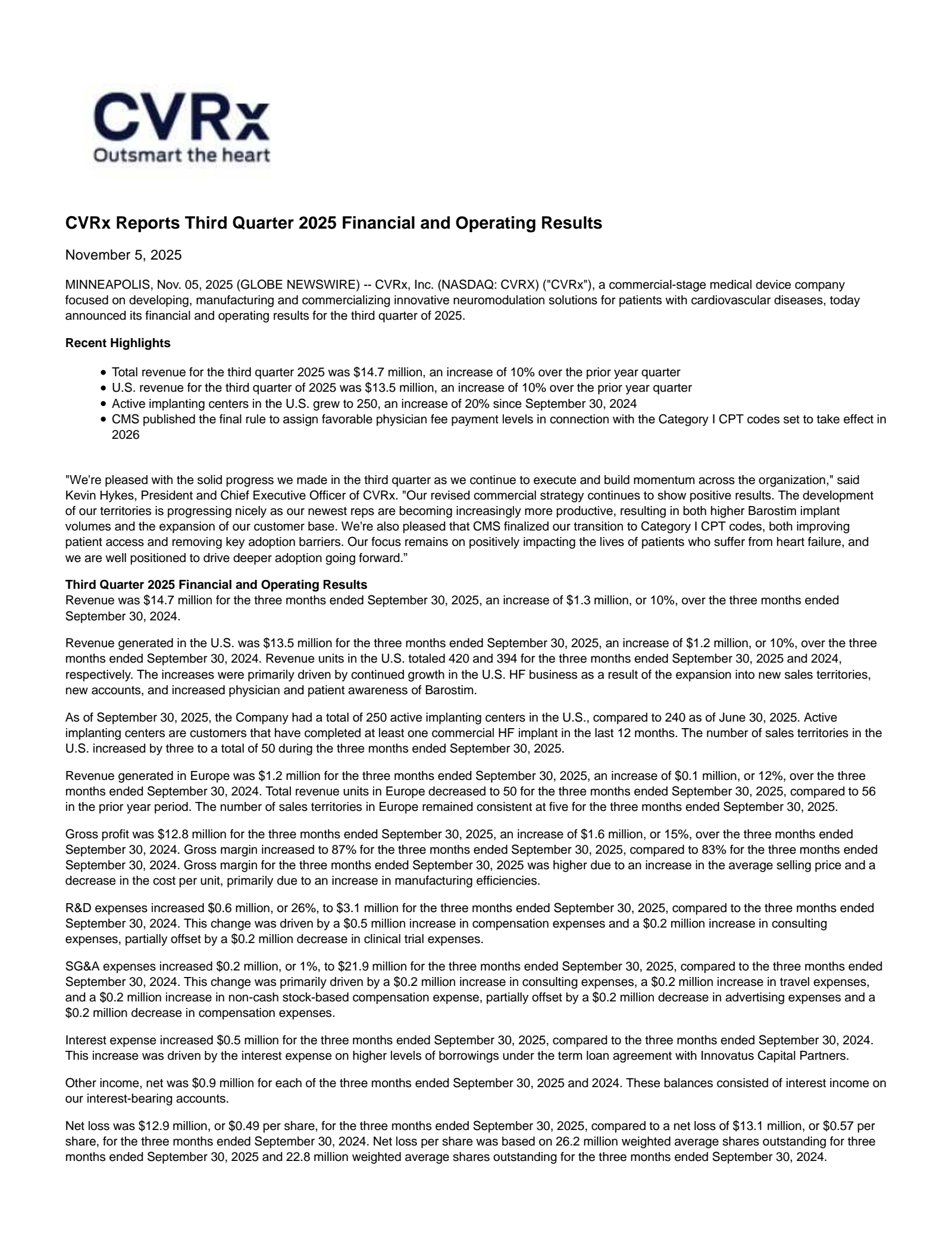 CVRx's Q3 2025 Earnings Release