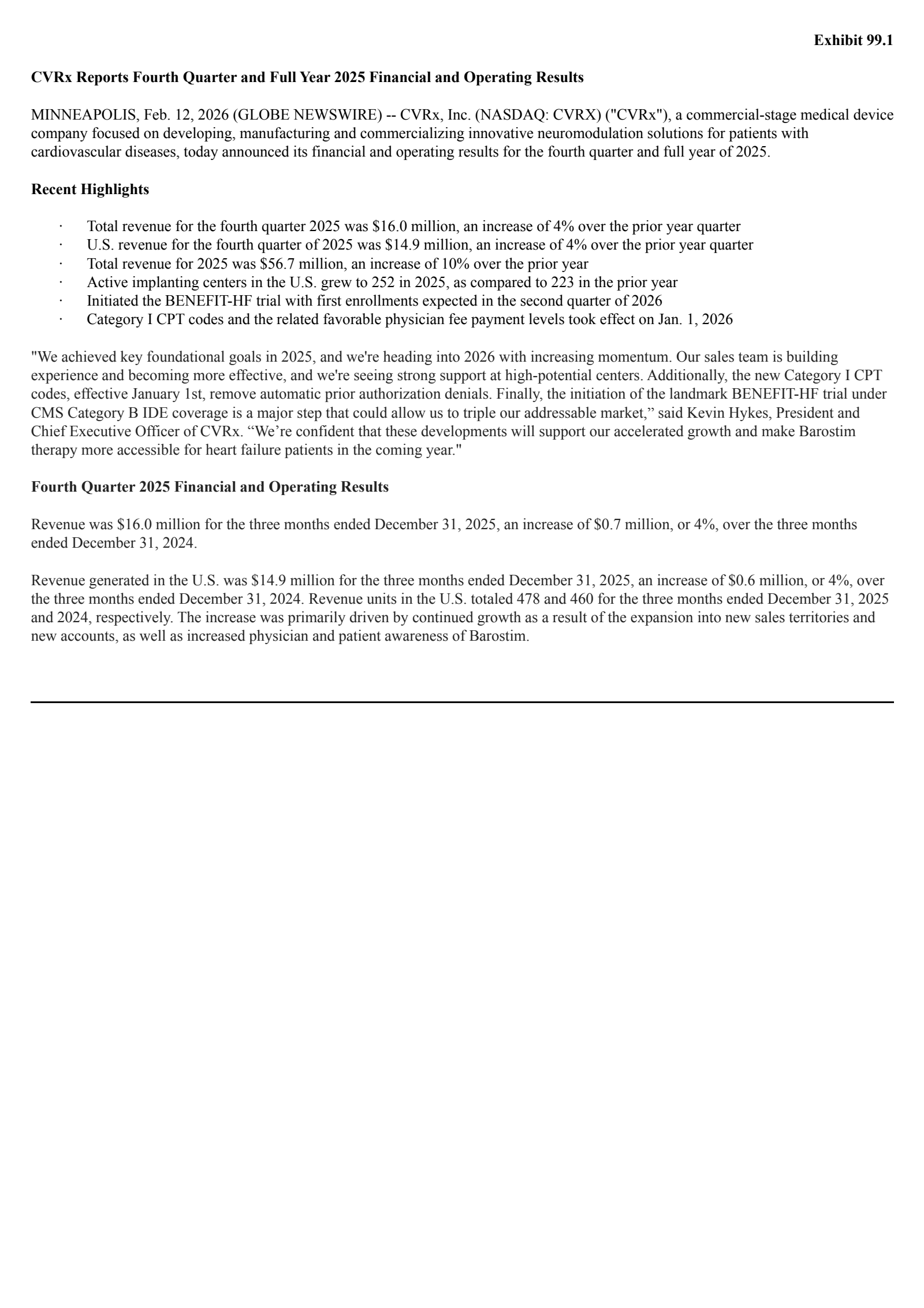 CVRx's Q4 2025 Press Release
