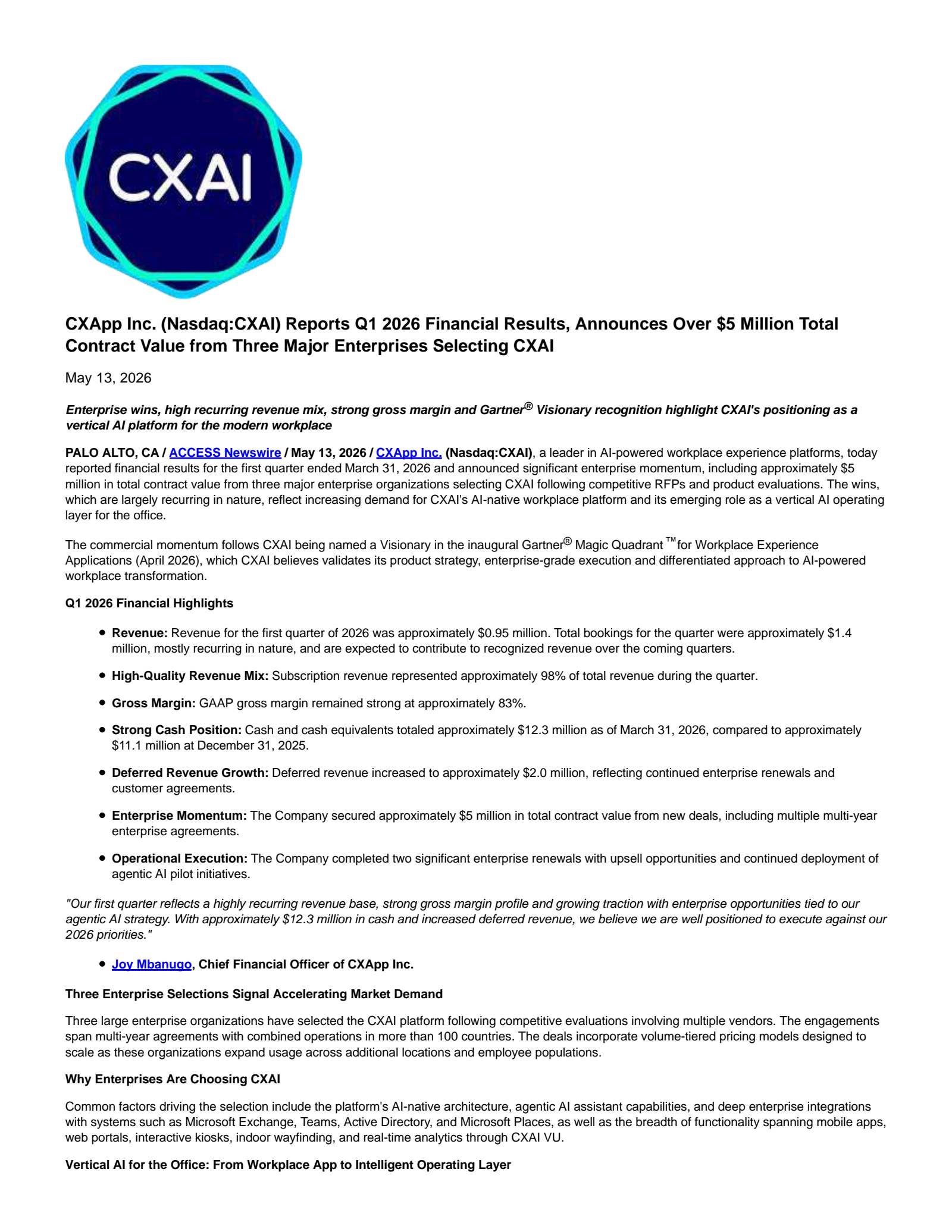 CXApp's Q1 2026 Press Release