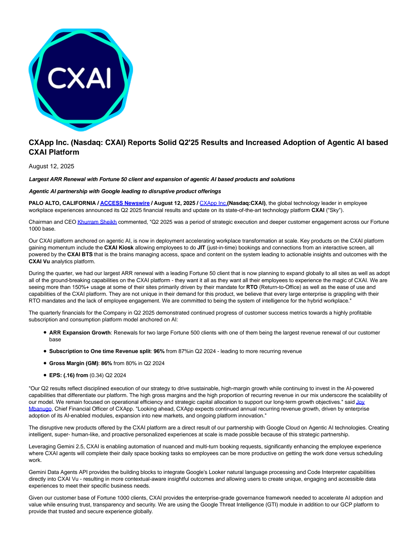 CXApp's Q2 2025 Press Release