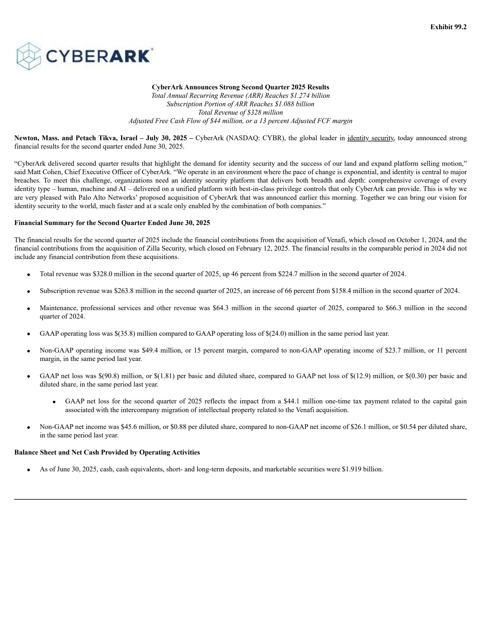 CyberArk Software's Q2 2025 Press Release