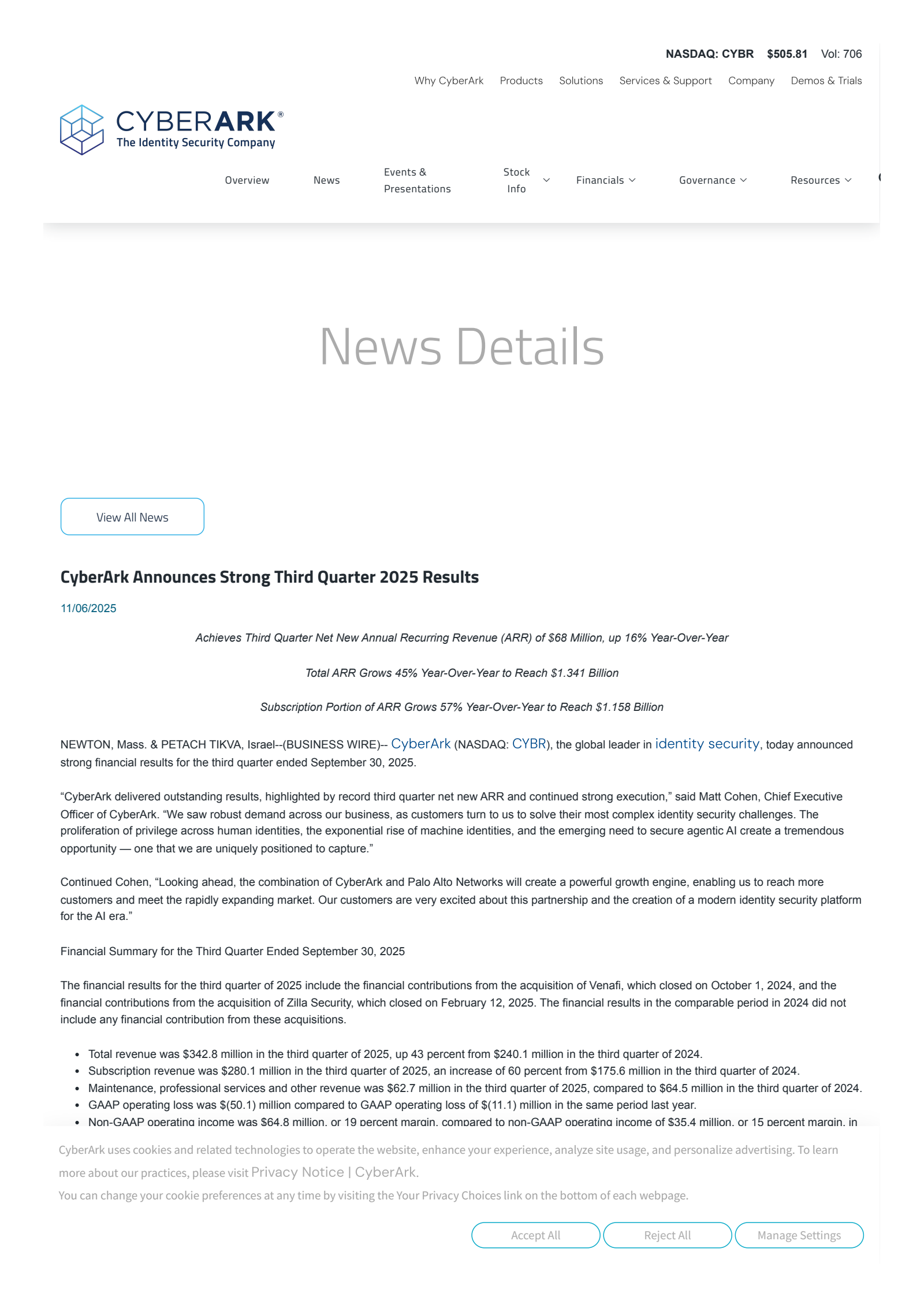 CyberArk Software's Q3 2025 Earnings Release