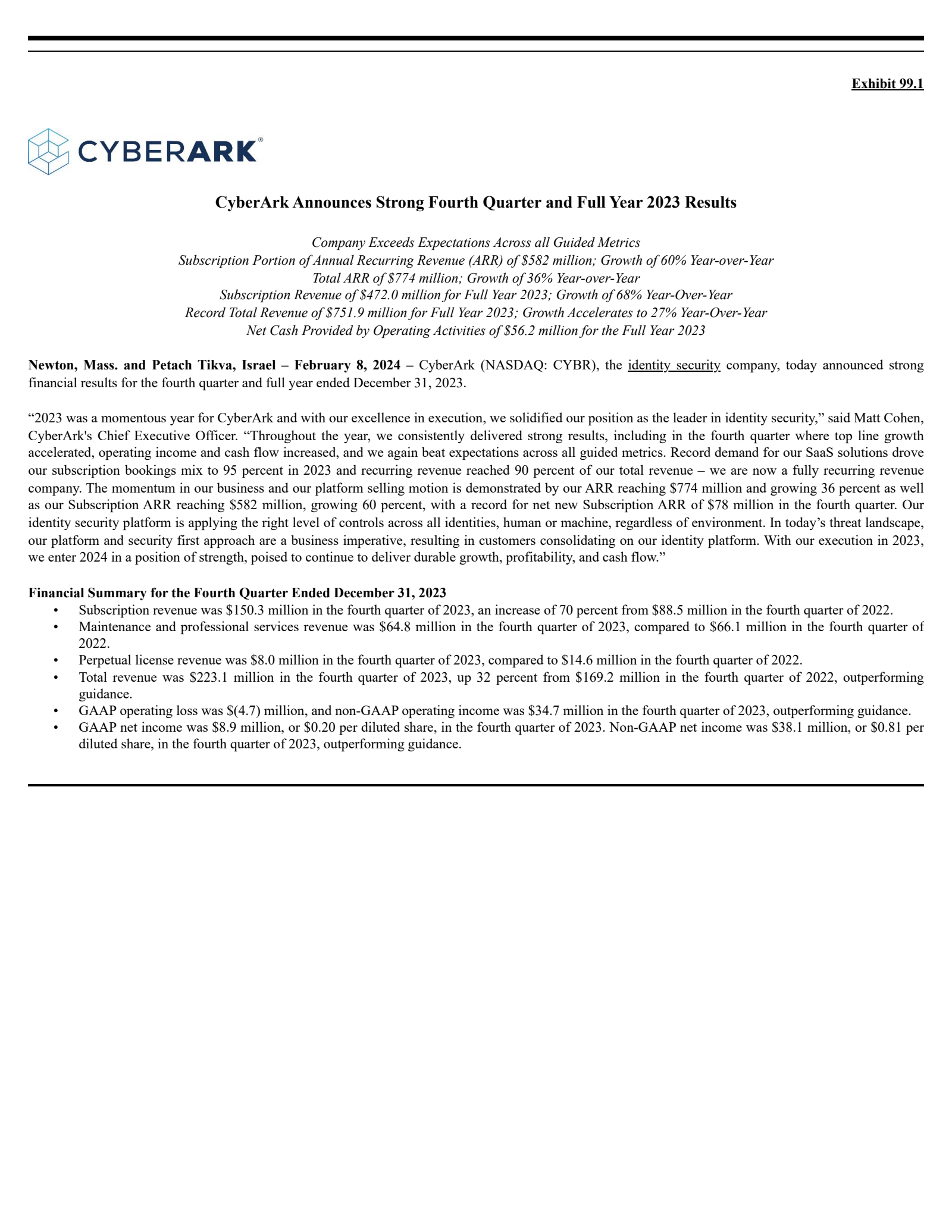CyberArk Software's Q4 2023 Press Release