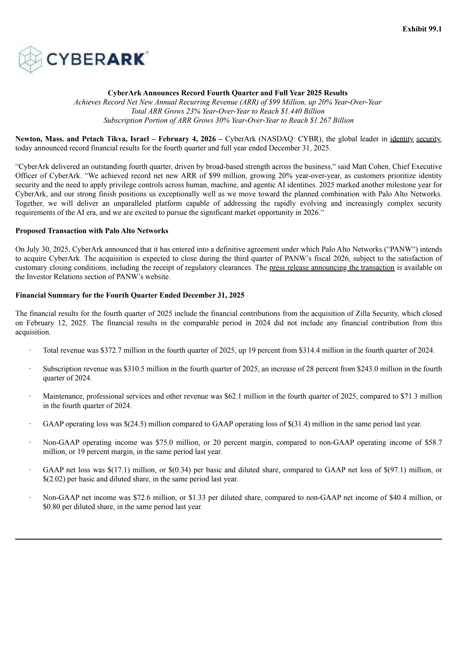 CyberArk Software's Q4 2025 Press Release