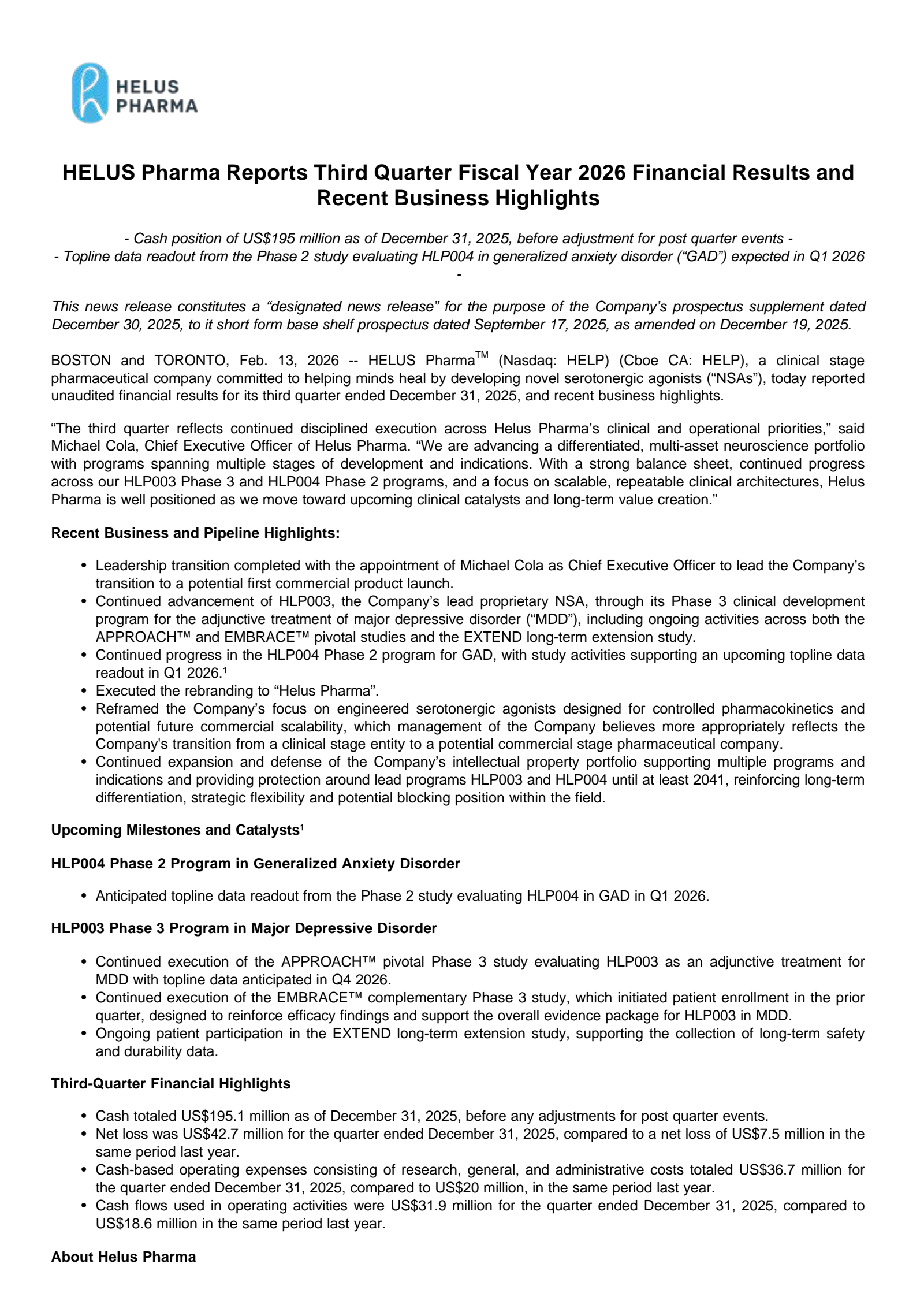 Cybin's Q3 2026 Press Release