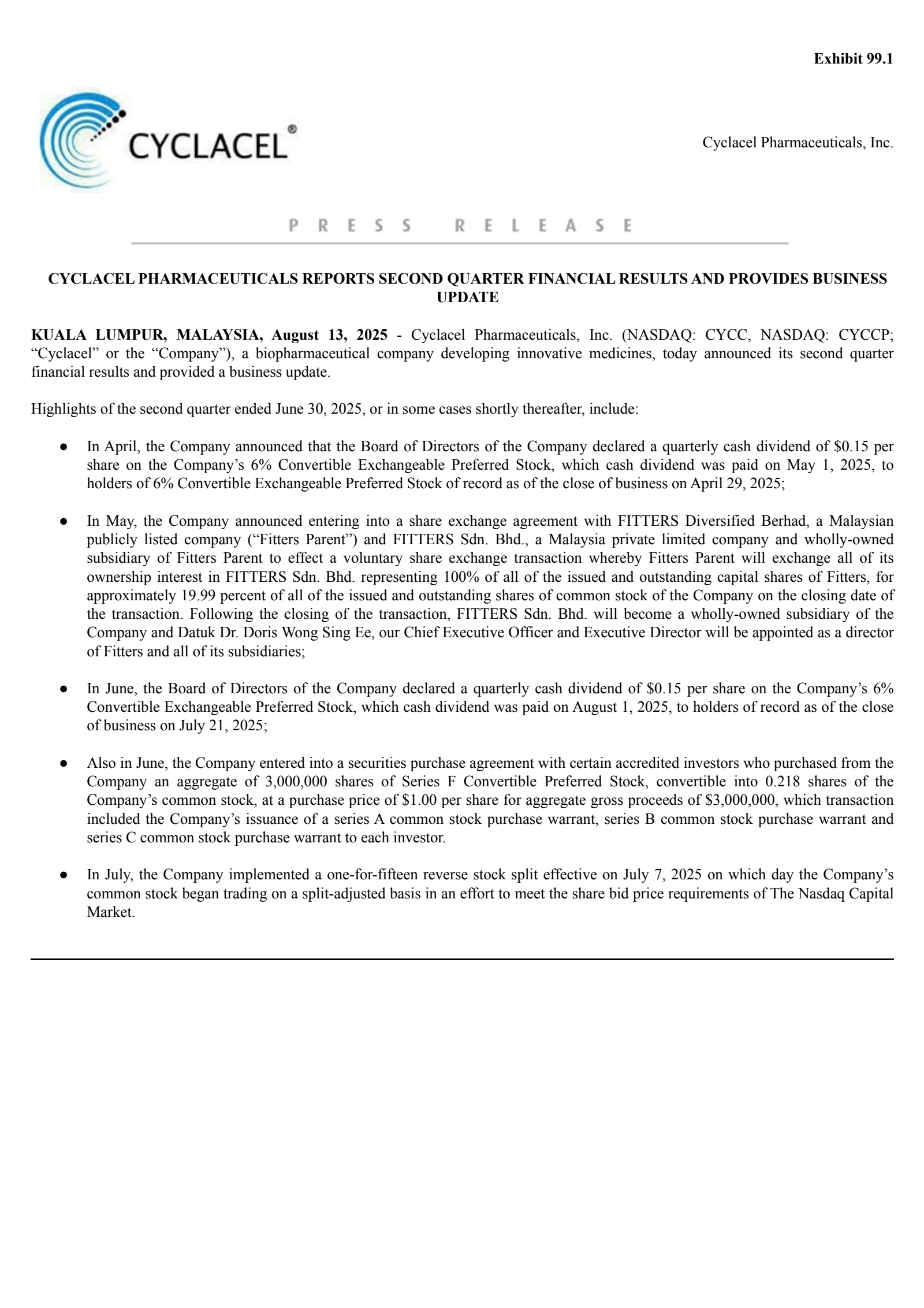 Cyclacel Pharmaceuticals' Q2 2025 Press Release