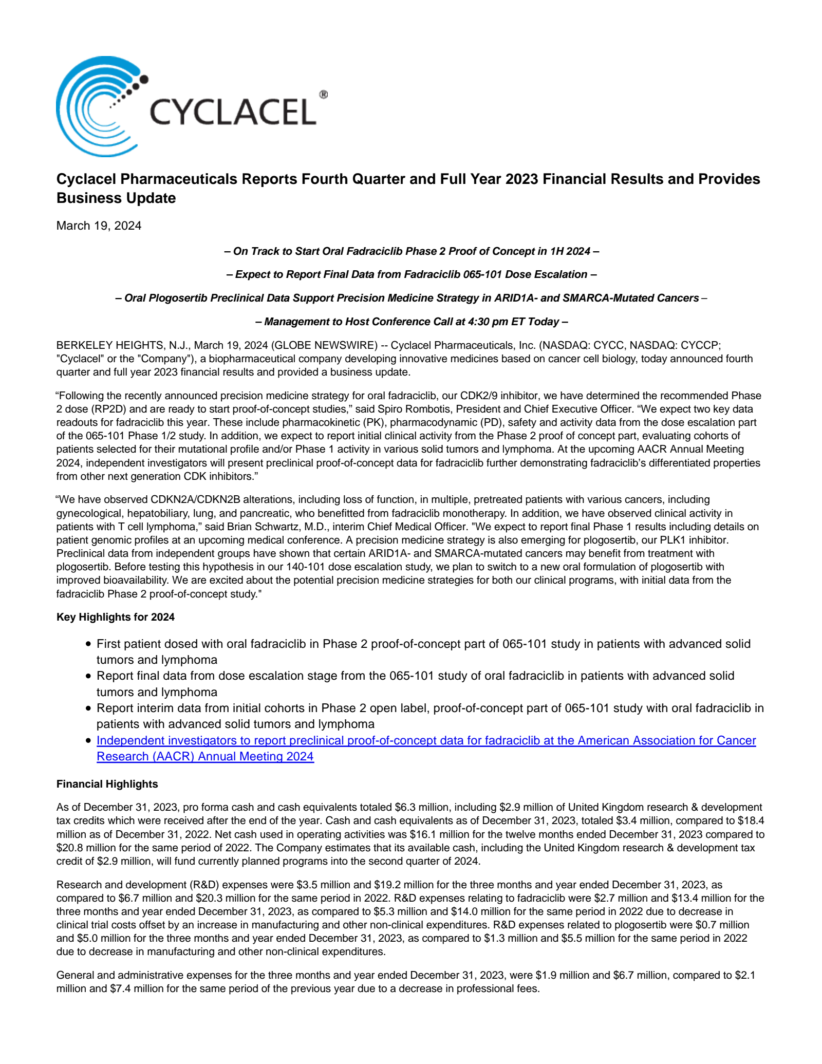 Cyclacel Pharmaceuticals' Q4 2023 Press Release
