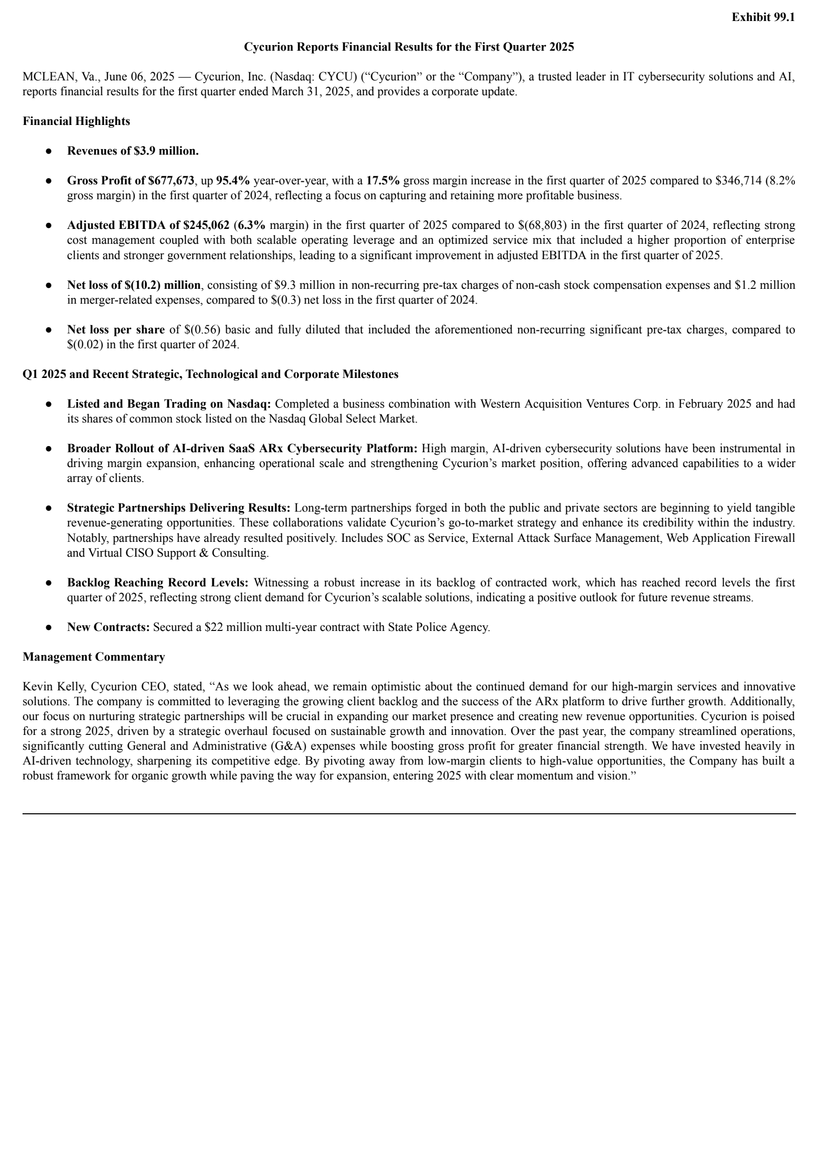 Cycurion's Q1 2025 Earnings Release