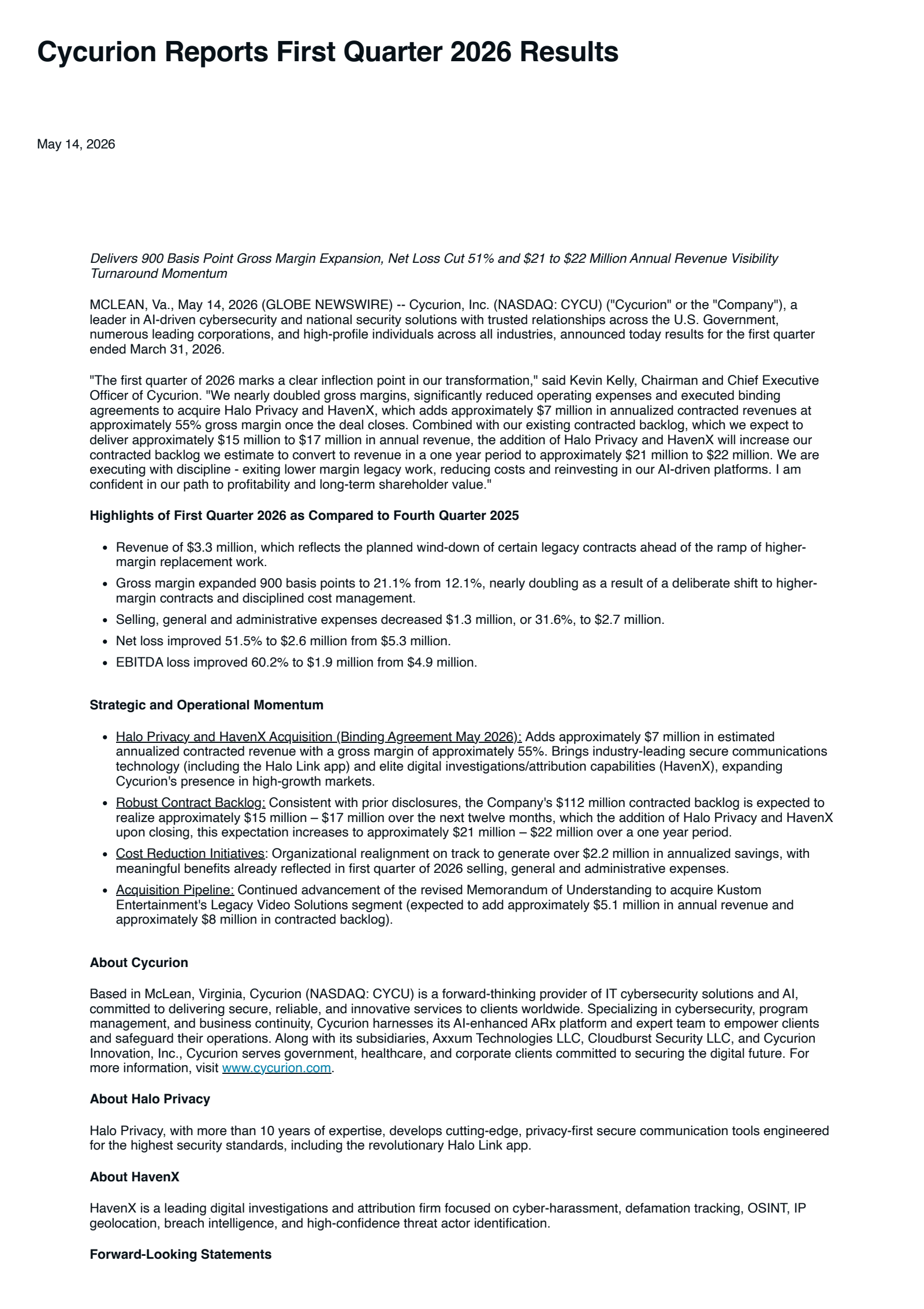Cycurion's Q1 2026 Press Release