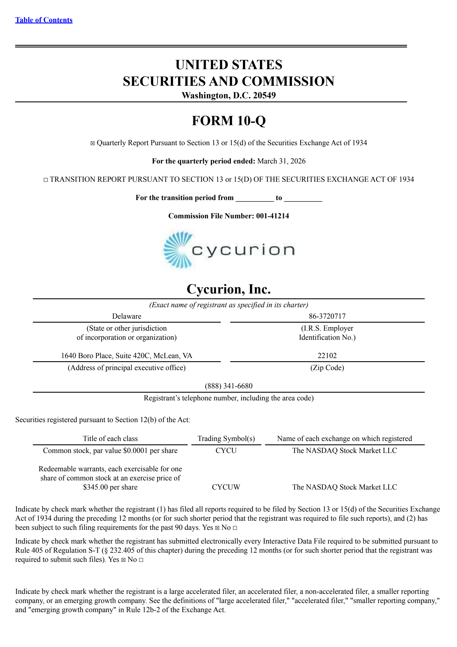 Cycurion's Q1 2026 Quarterly report