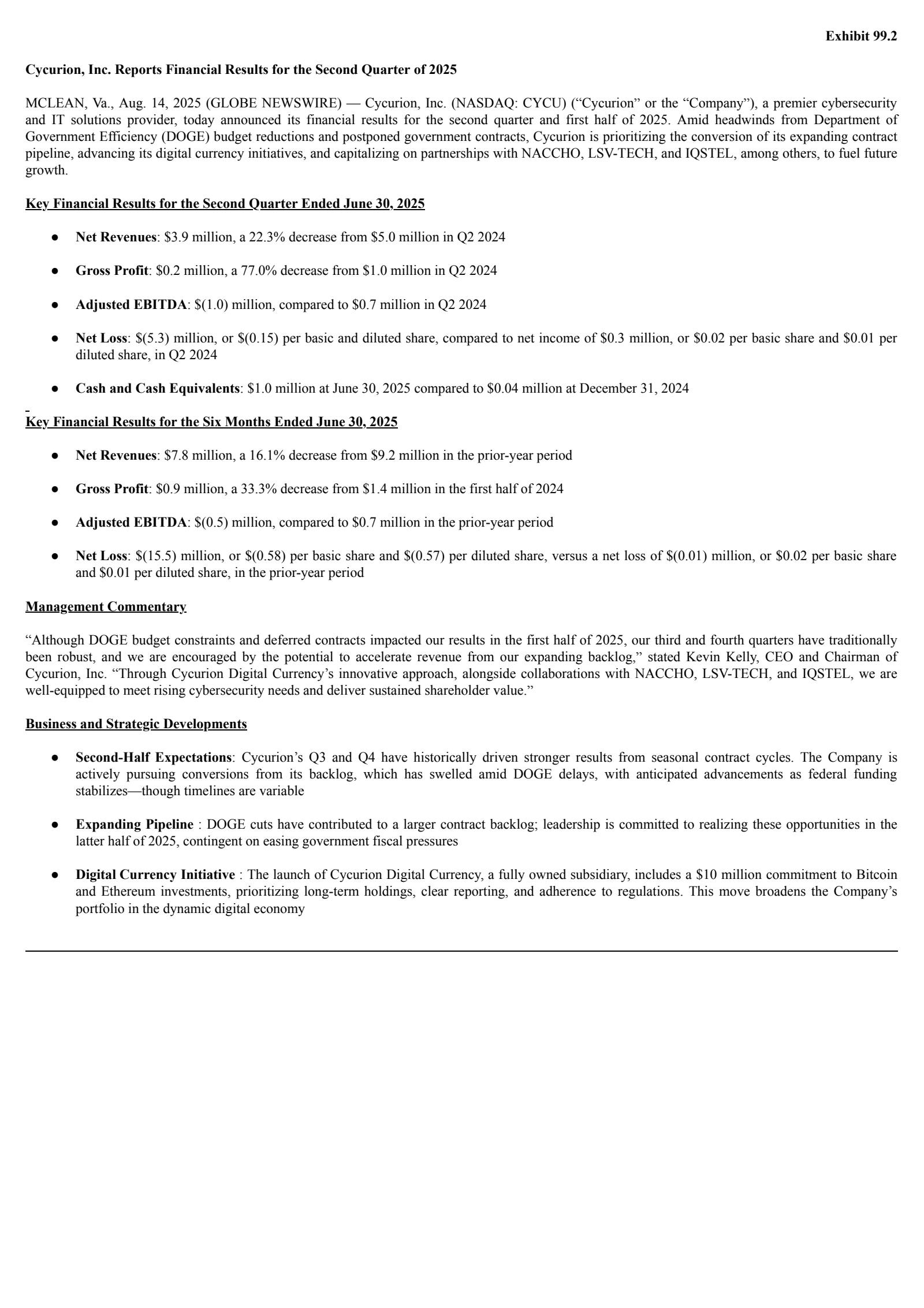 Cycurion's Q2 2025 Earnings Release