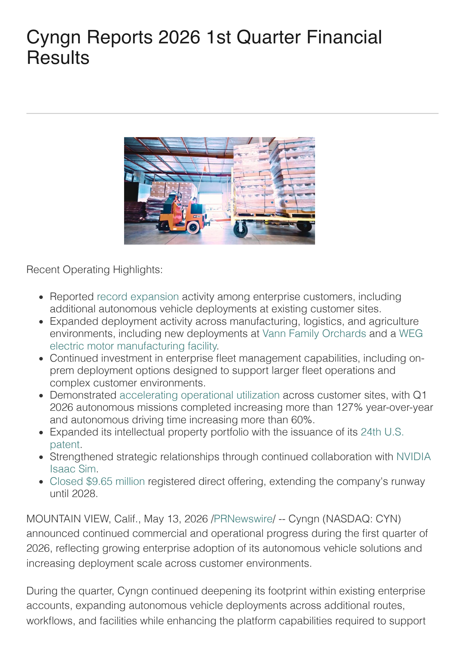 Cyngn Inc. Common Stock's Q1 2026 Press Release