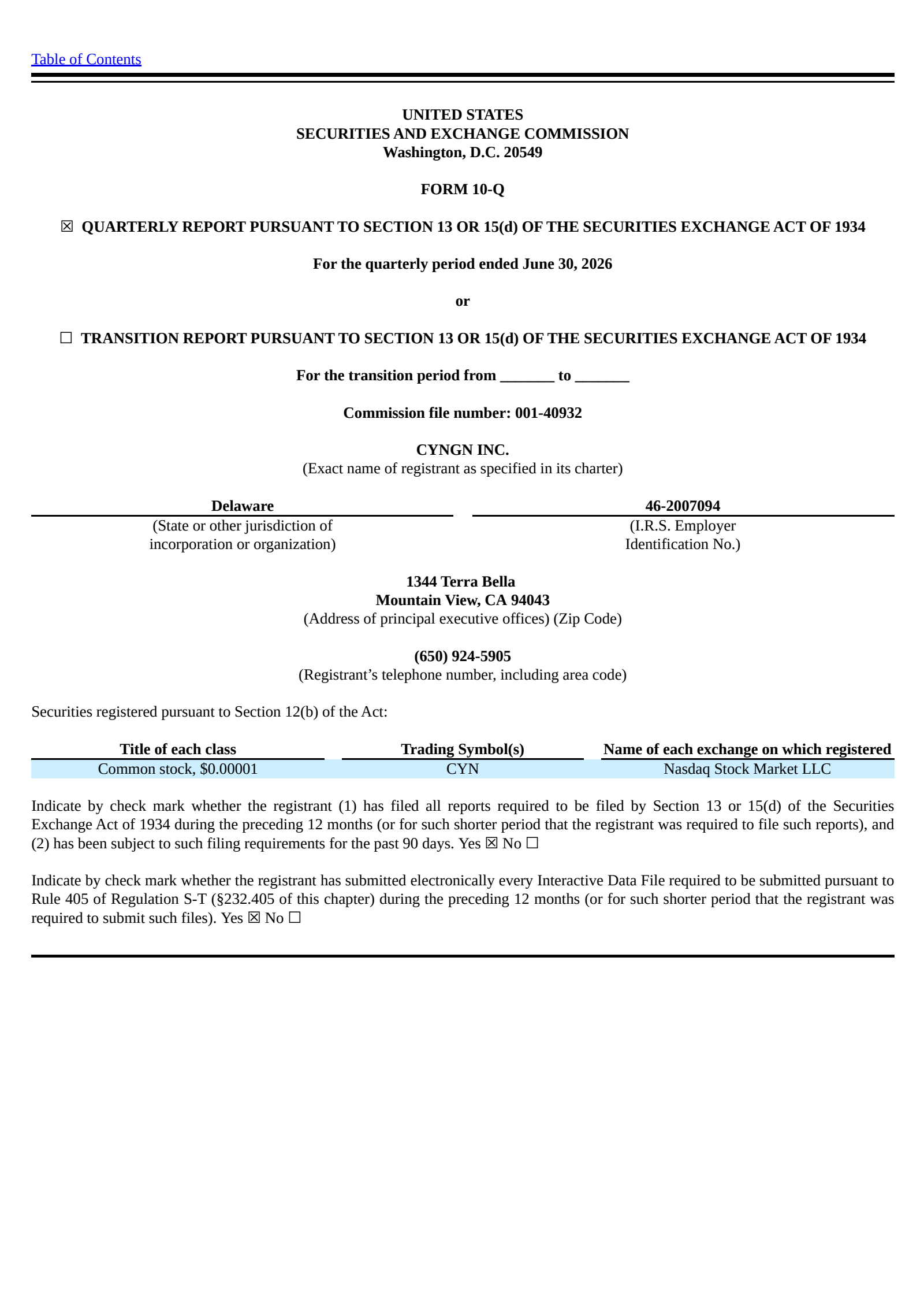 Cyngn Inc. Common Stock's Q2 2026 Quarterly report