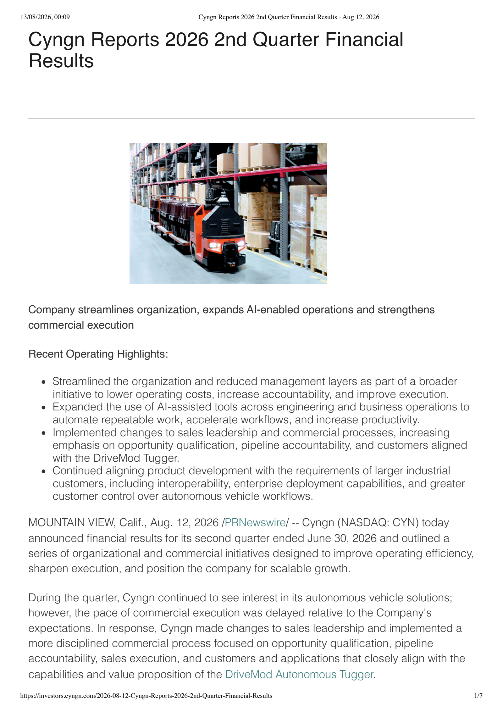 Cyngn Inc. Common Stock's Q2 2026 Press Release