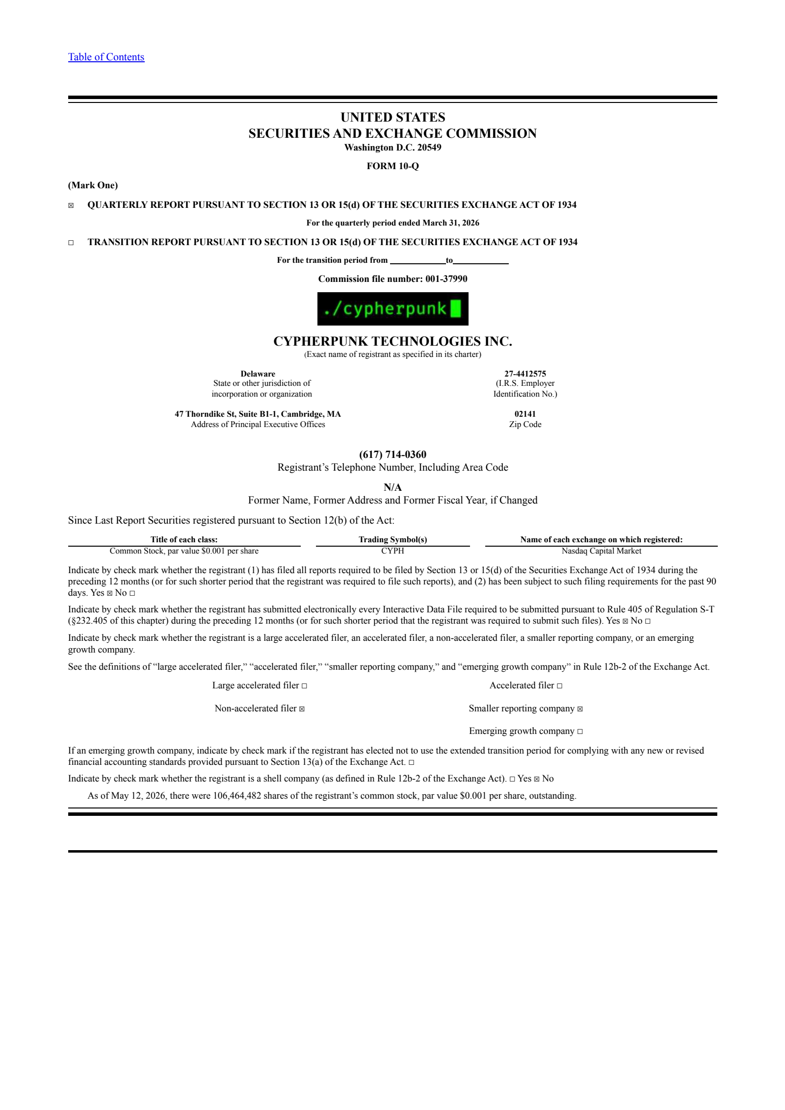 Cypherpunk Technologies' Q1 2026 Quarterly report