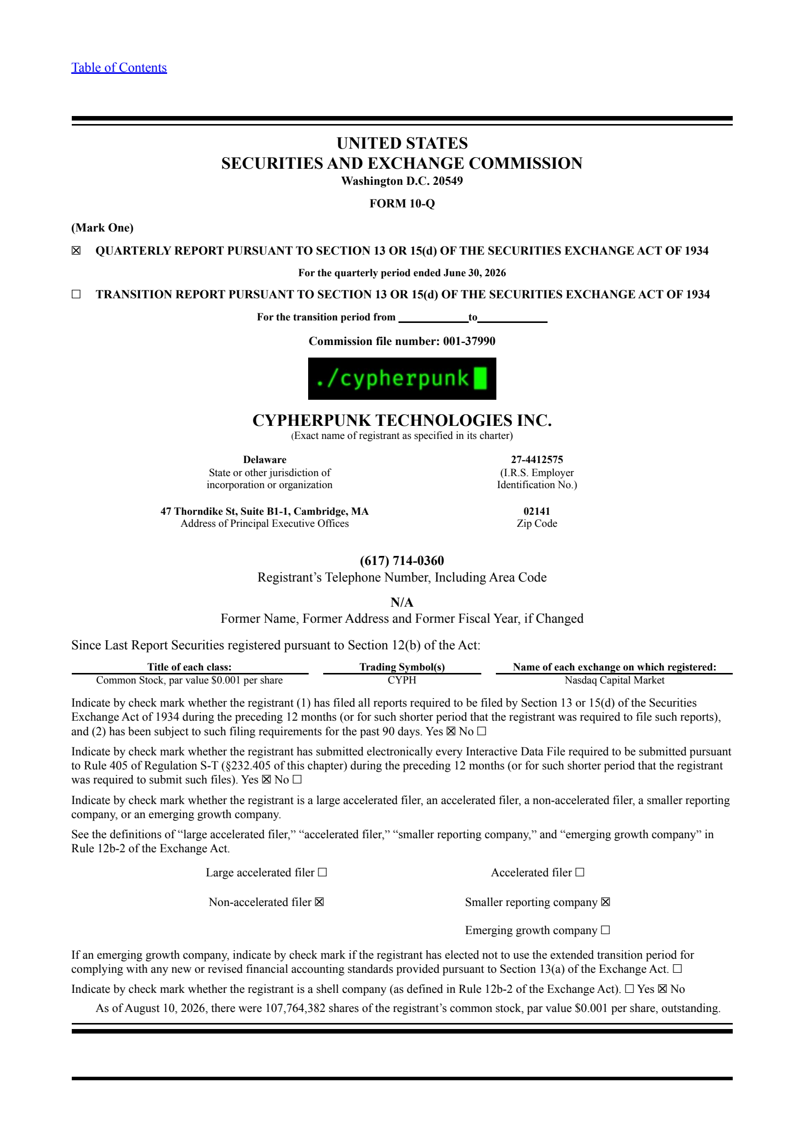 Cypherpunk Technologies' Q2 2026 Quarterly report