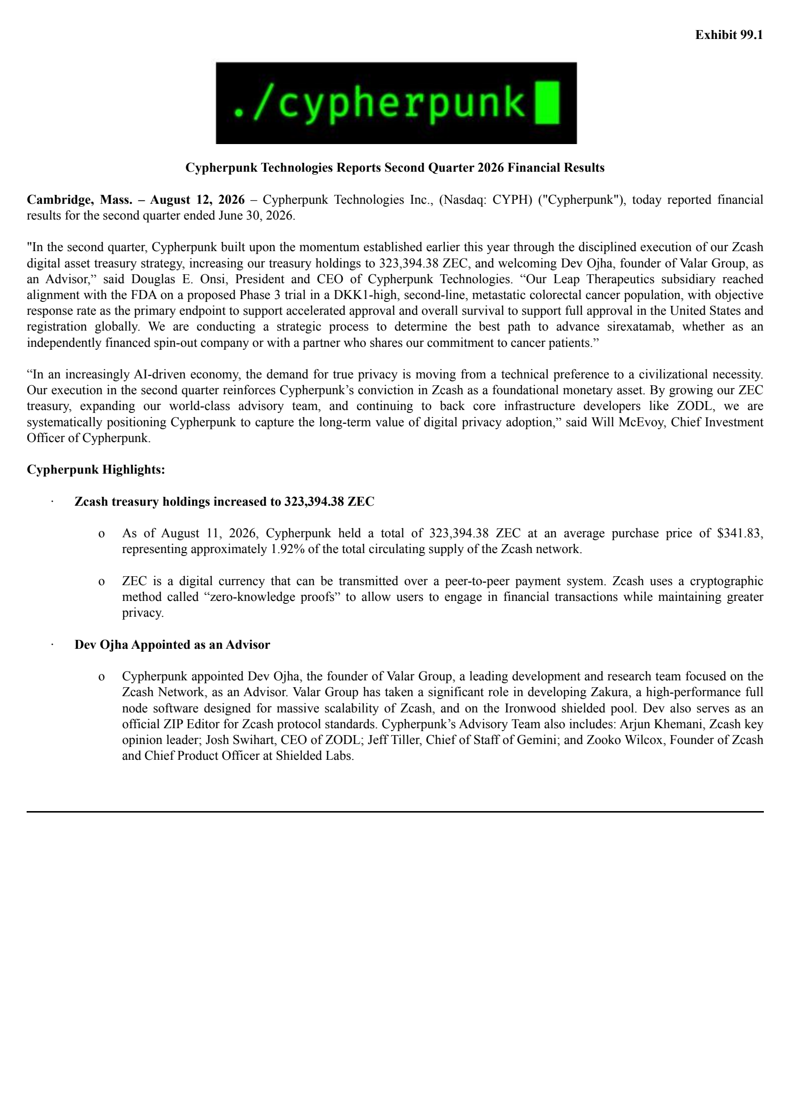 Cypherpunk Technologies' Q2 2026 Press Release